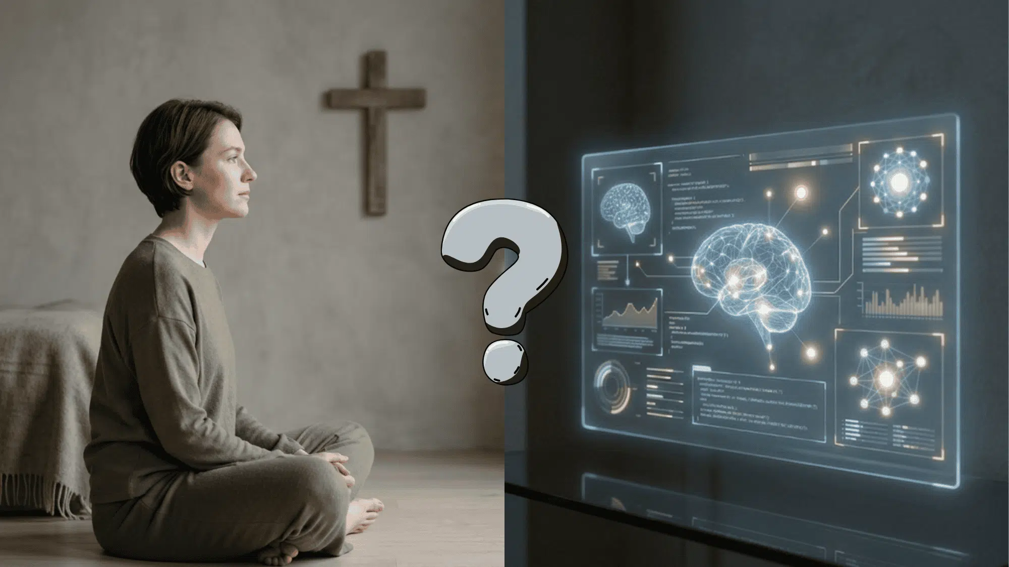 Person comparing AI and religious idea of Antichrist with a question mark