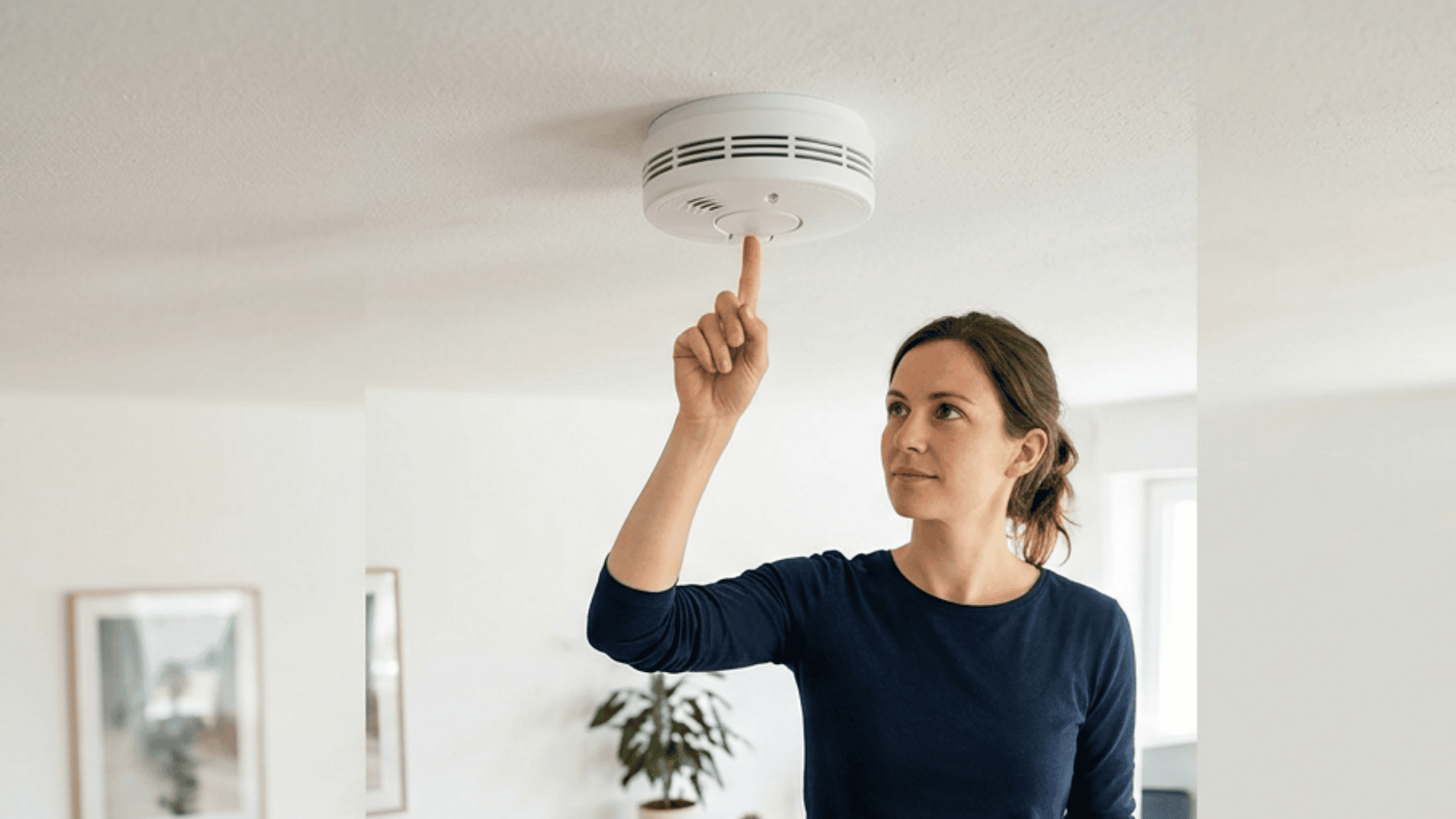 Person pressing smoke detector button while checking room without smoke