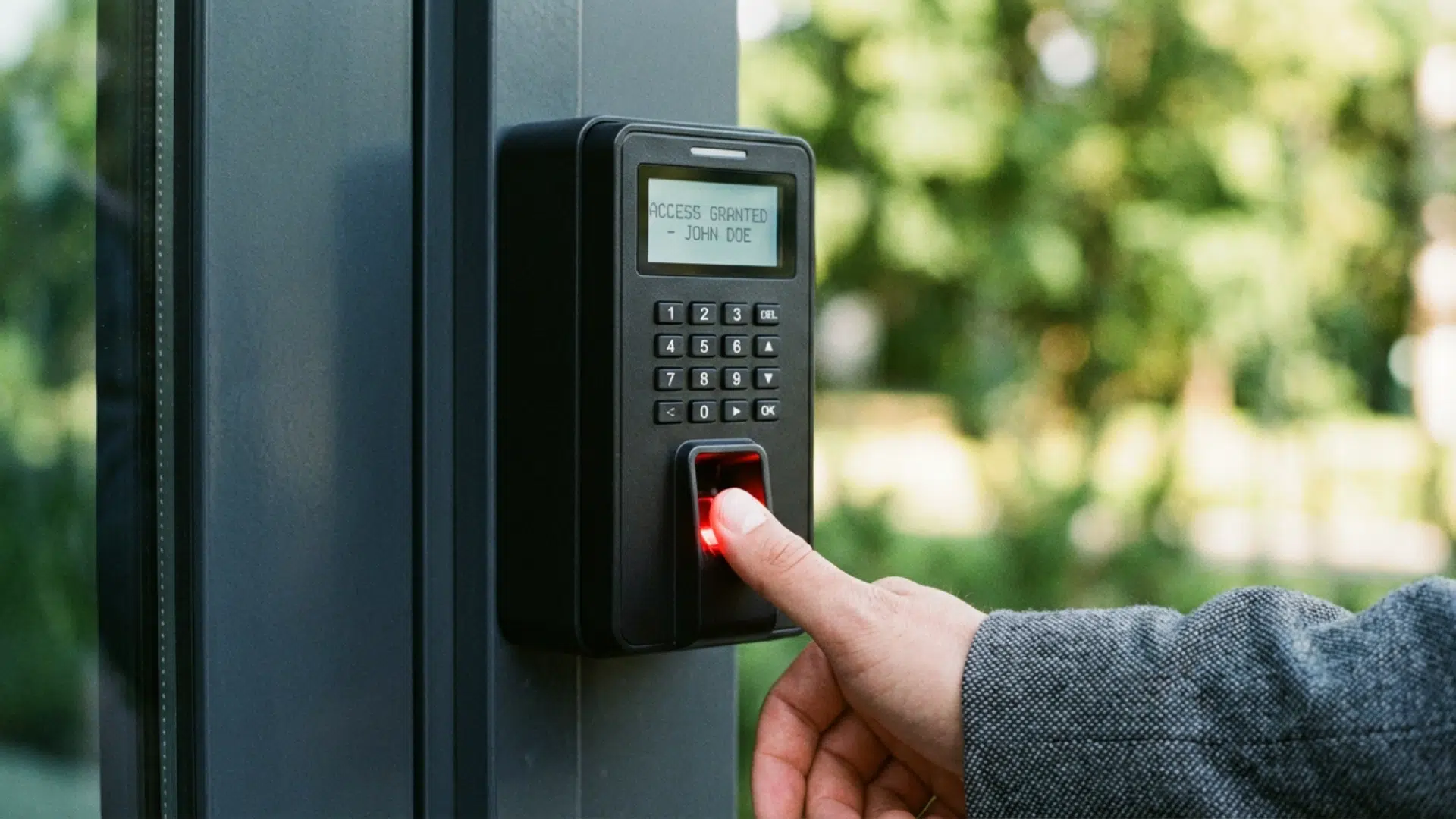 Person using fingerprint scanner device for secure access control in workplace environment