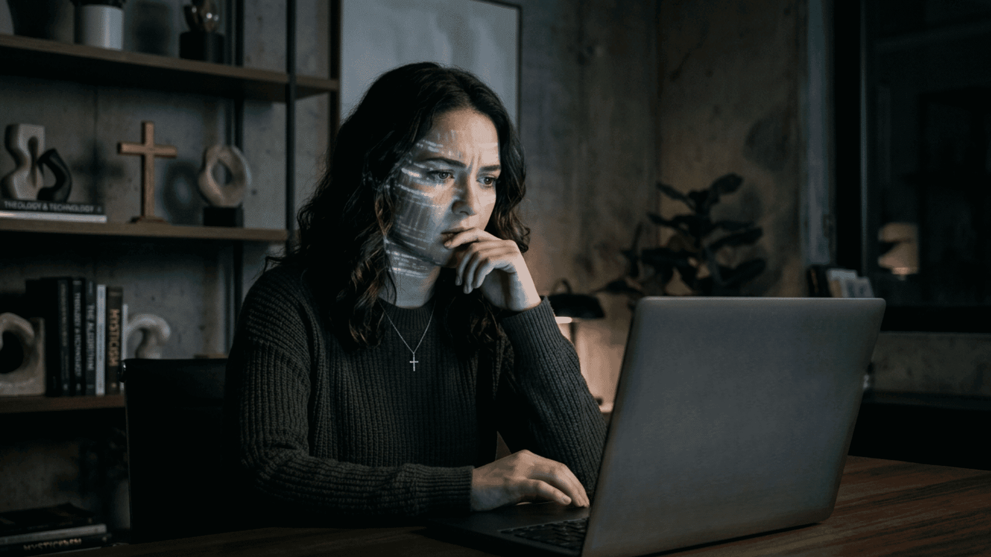 Person watching AI news on screens showing fear and confusion about technology