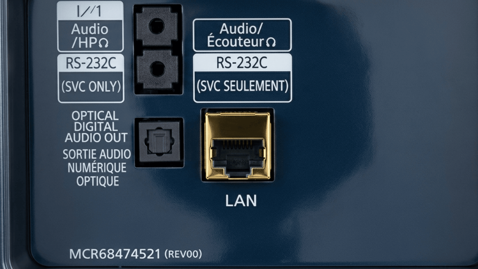 Rear panel ports showing audio jack, RS-232C service ports, optical digital audio output, and LAN Ethernet connection port