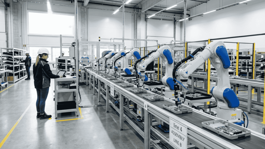 Robots assembling products on a modern automated factory line