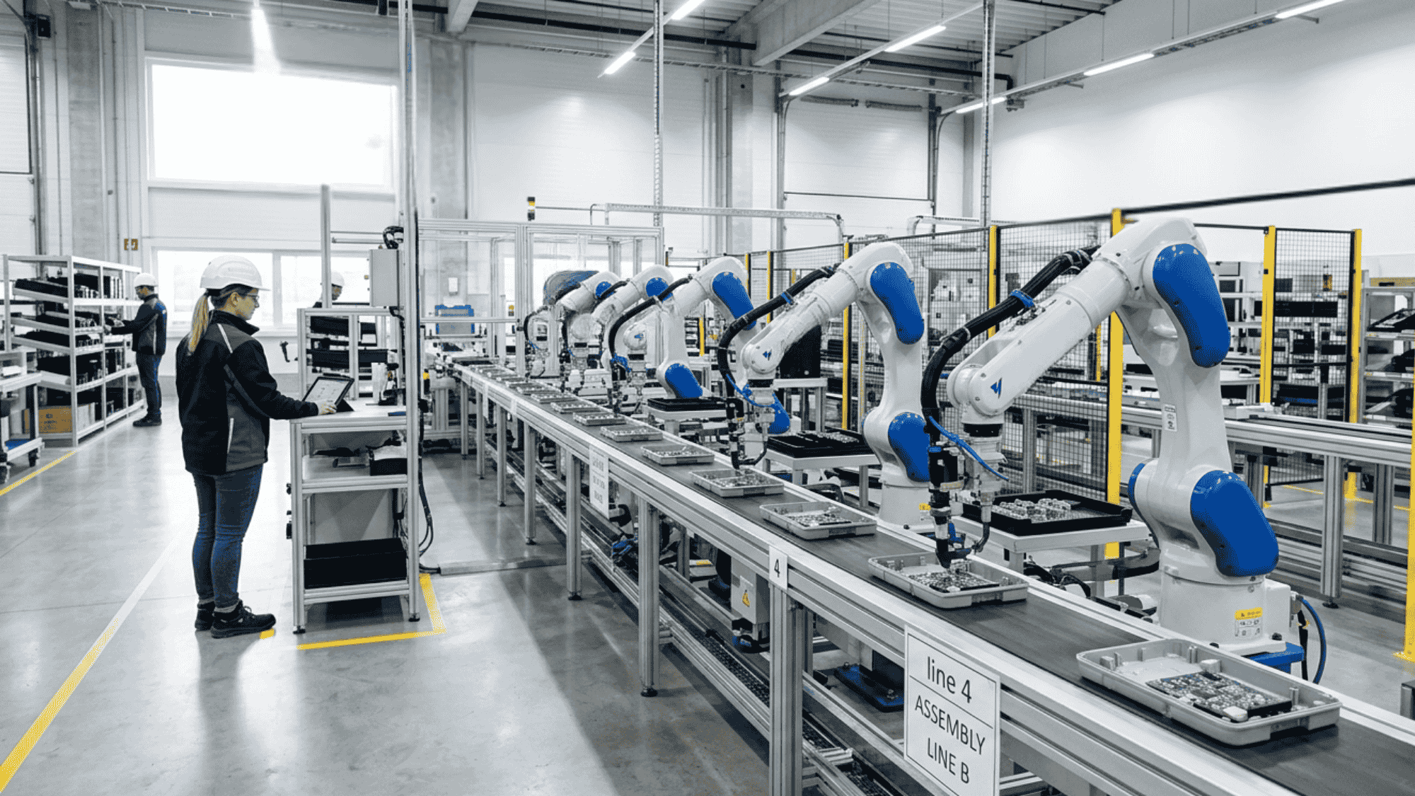 Robots assembling products on a modern automated factory line