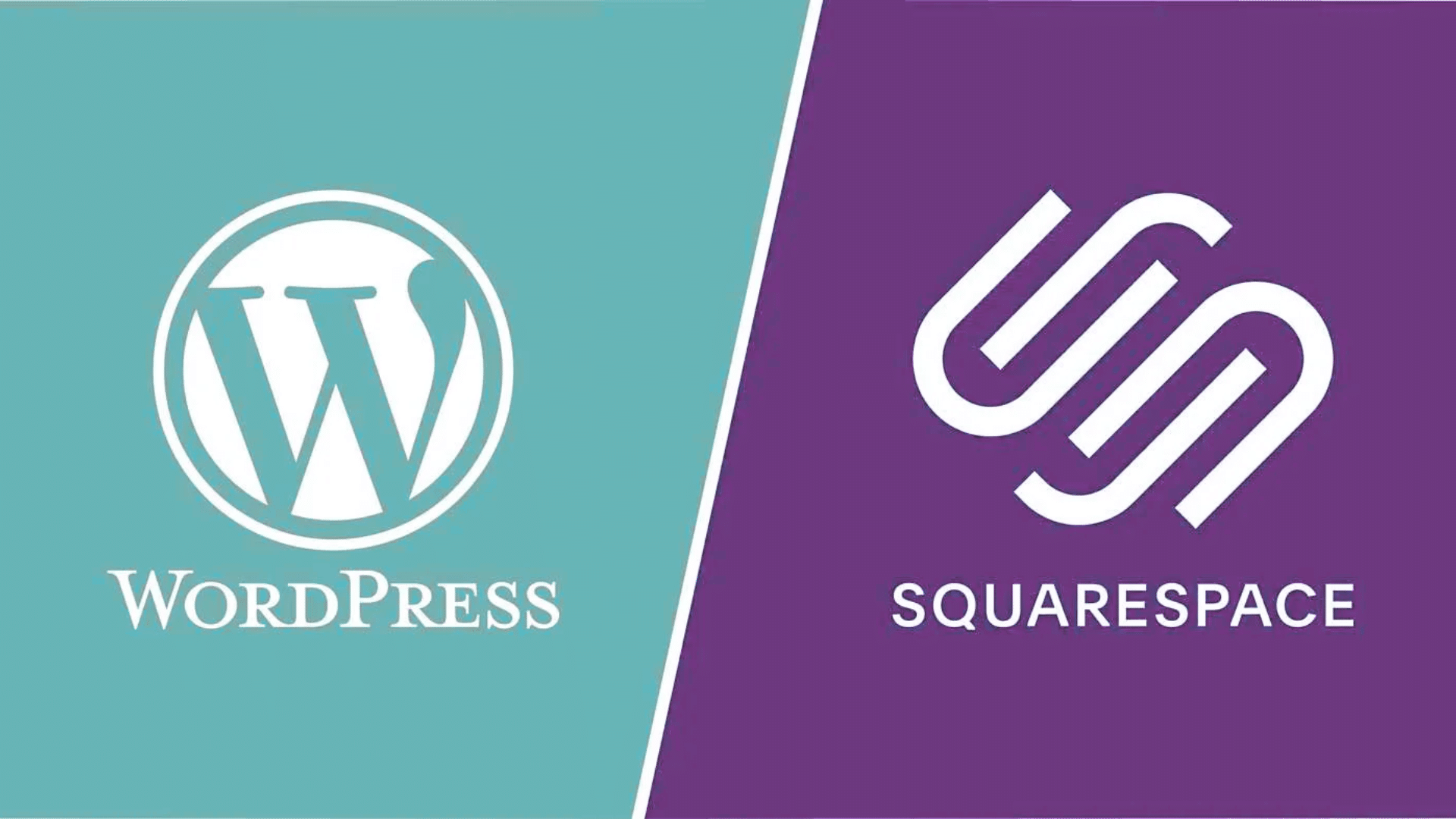 Side-by-side comparison showing WordPress logo on teal background and Squarespace logo on purple background