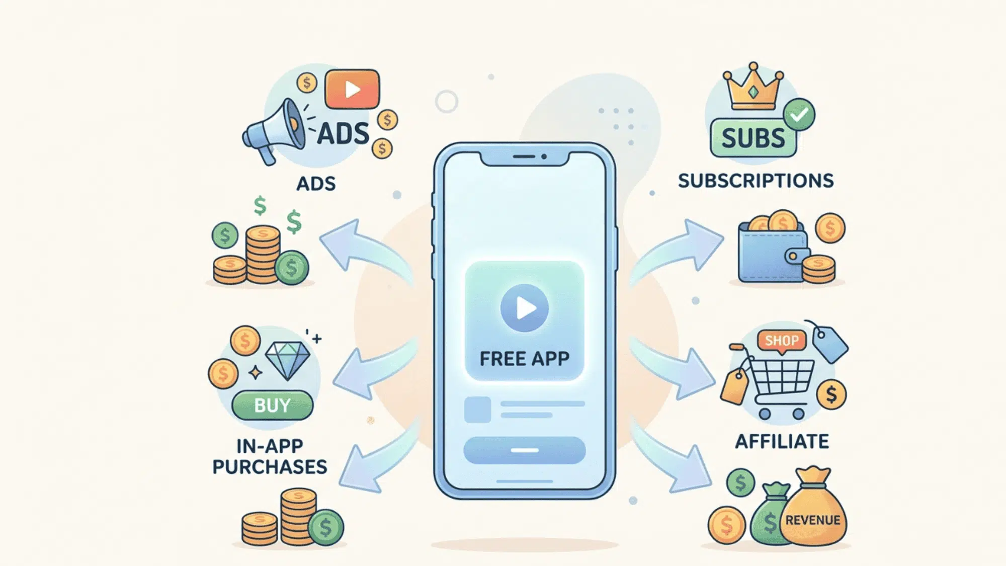 Simple illustration of free app monetization methods such as adds, purchases and subscriptions