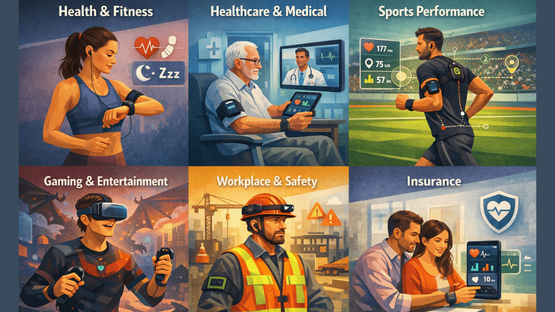 Six-panel infographic showing wearable tech use in fitness, healthcare, sports, gaming, workplace safety, and insurance with real-life scenes
