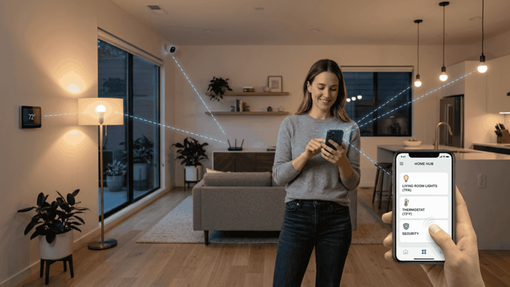 Smart home devices connected and controlled using a smartphone in a modern home