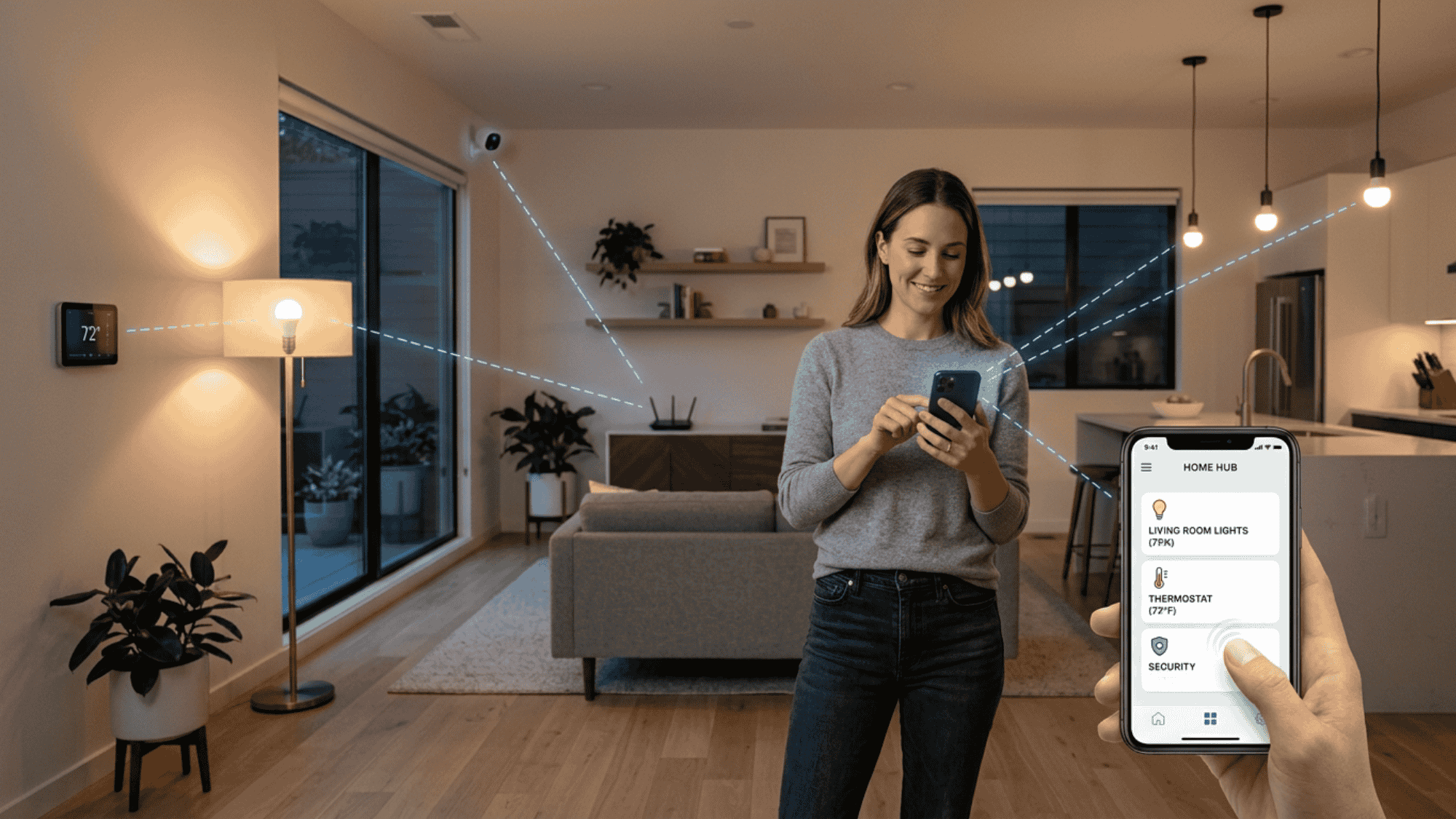 Smart home devices connected and controlled using a smartphone in a modern home