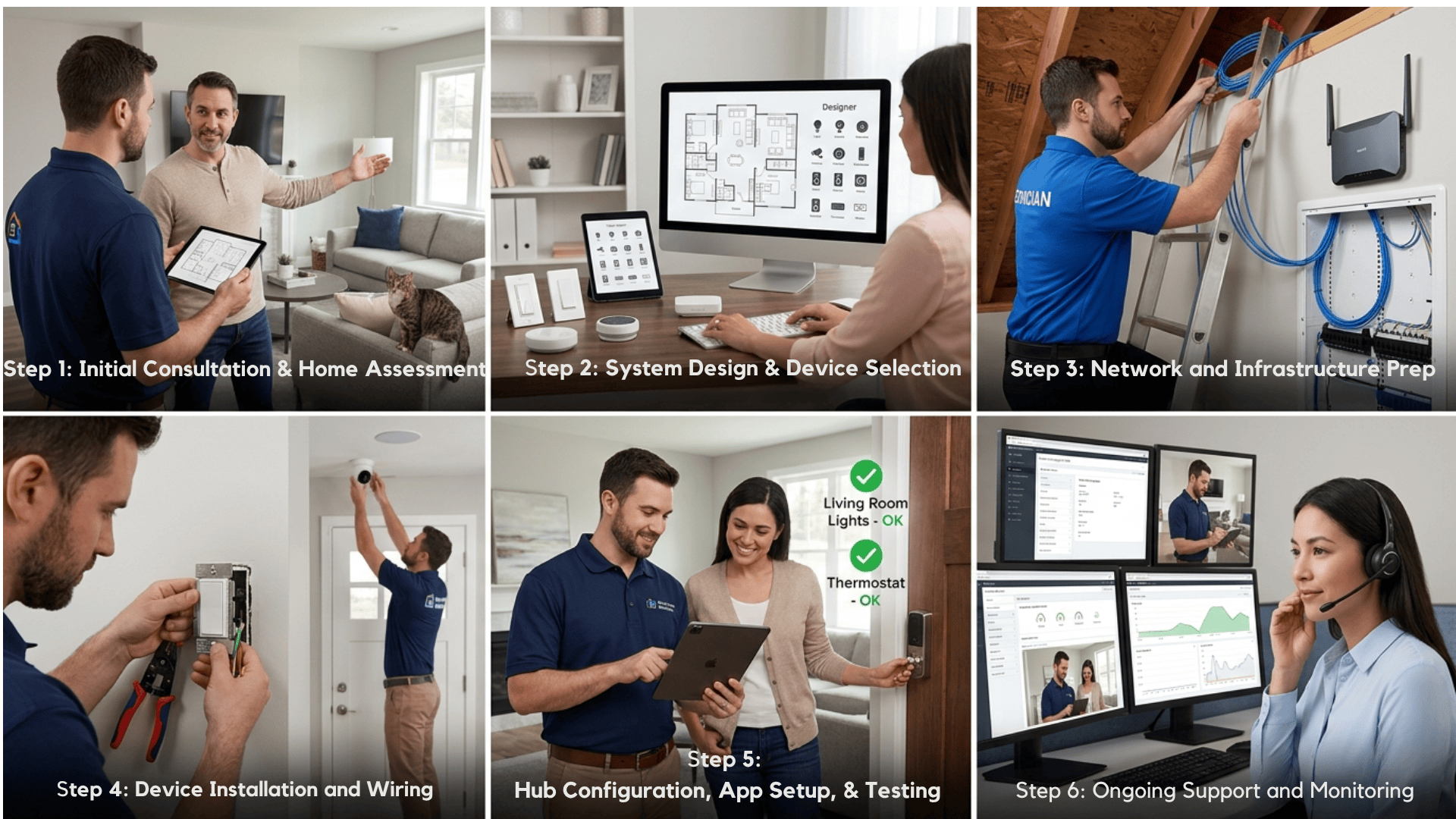 Smart home installation process showing consultation, system design, wiring, device setup, testing, and ongoing support by technicians