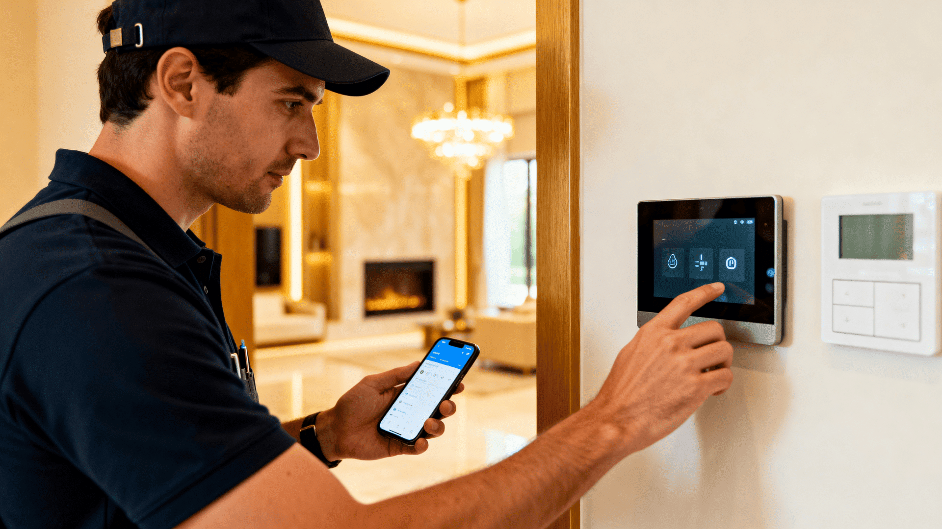 _ Smart home installer adjusting wall control panel while using mobile app in modern home, showcasing integrated home automation system setup
