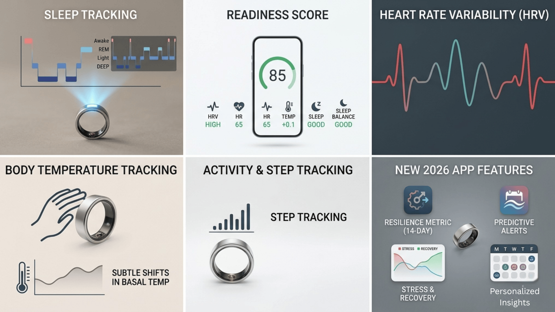 Smart ring health dashboard showing sleep tracking, readiness score, HRV, temperature, activity, and wellness insights in a clean UI