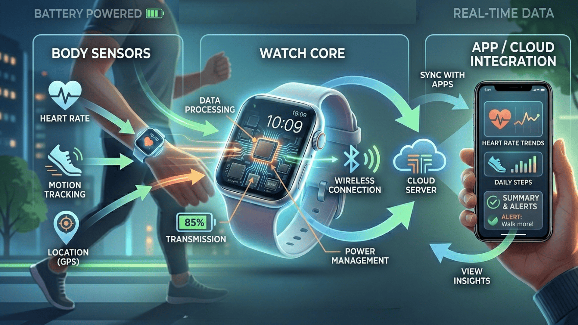 Smartwatch infographic showing body sensors, data processing, wireless sync, and app insights for tracking heart rate, steps, and GPS data.