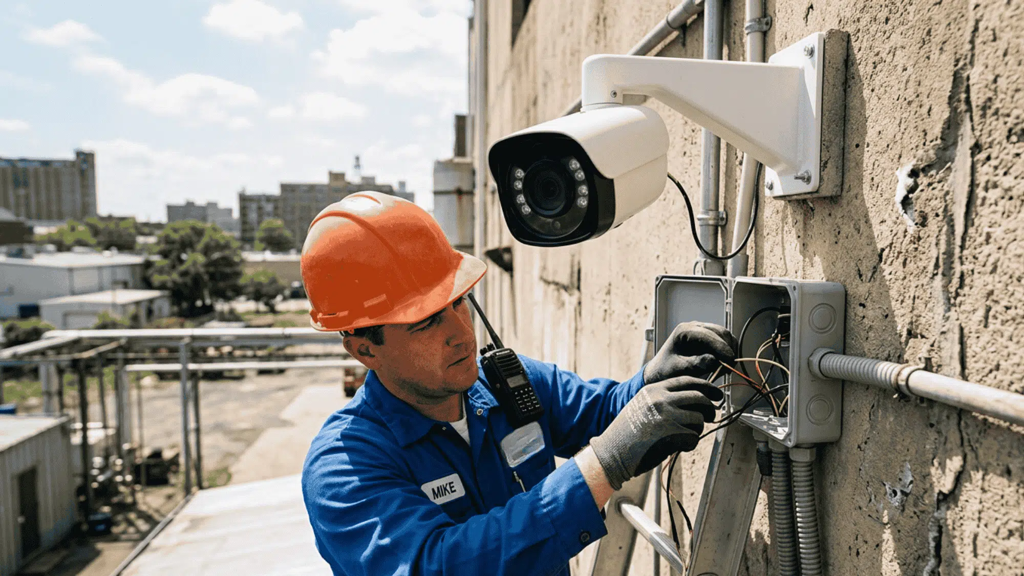 Technician installing a security camera and wiring on an exterior building wall