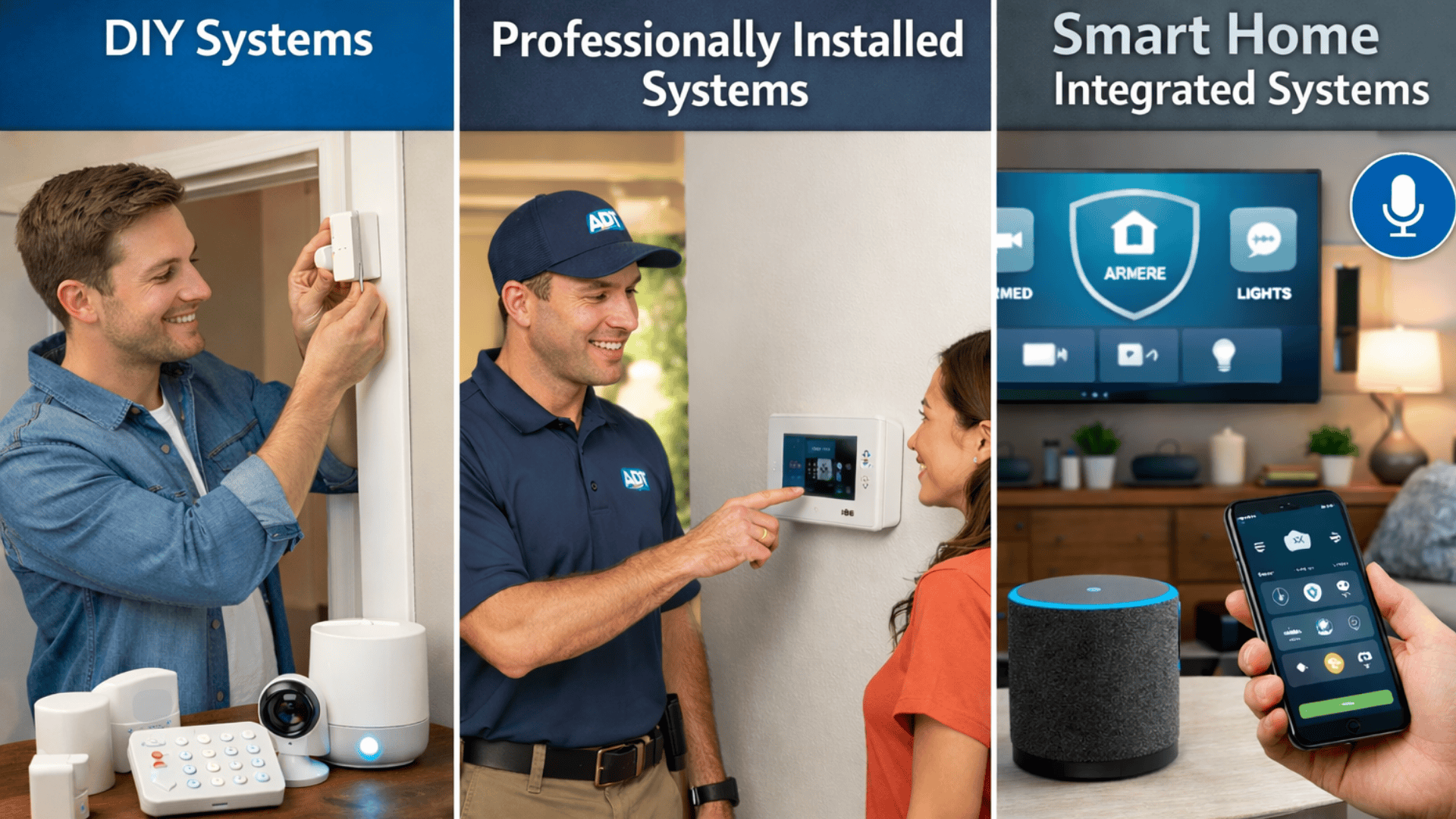 Three-panel collage showing DIY home security setup, professional installation by technician, and smart home system controlled via app and voice assistant