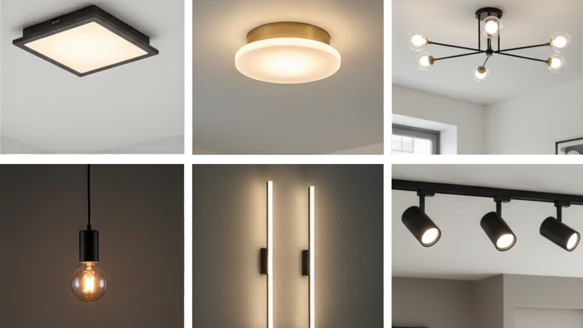 Different types of ceiling and wall light fixtures, including flush mount, chandelier, pendant light, wall sconces, and track lighting