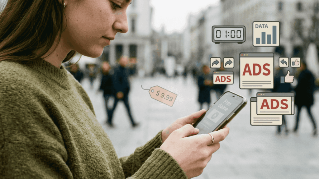 Visual showing hidden costs of free apps like data usage and time spent