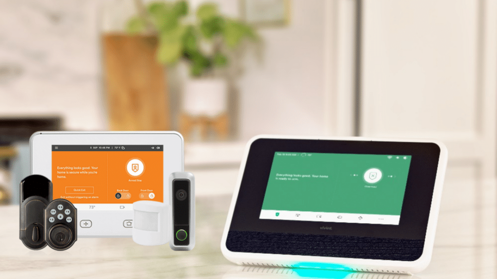 Vivint smart home security system showing control panel, cameras, sensors, and connected devices