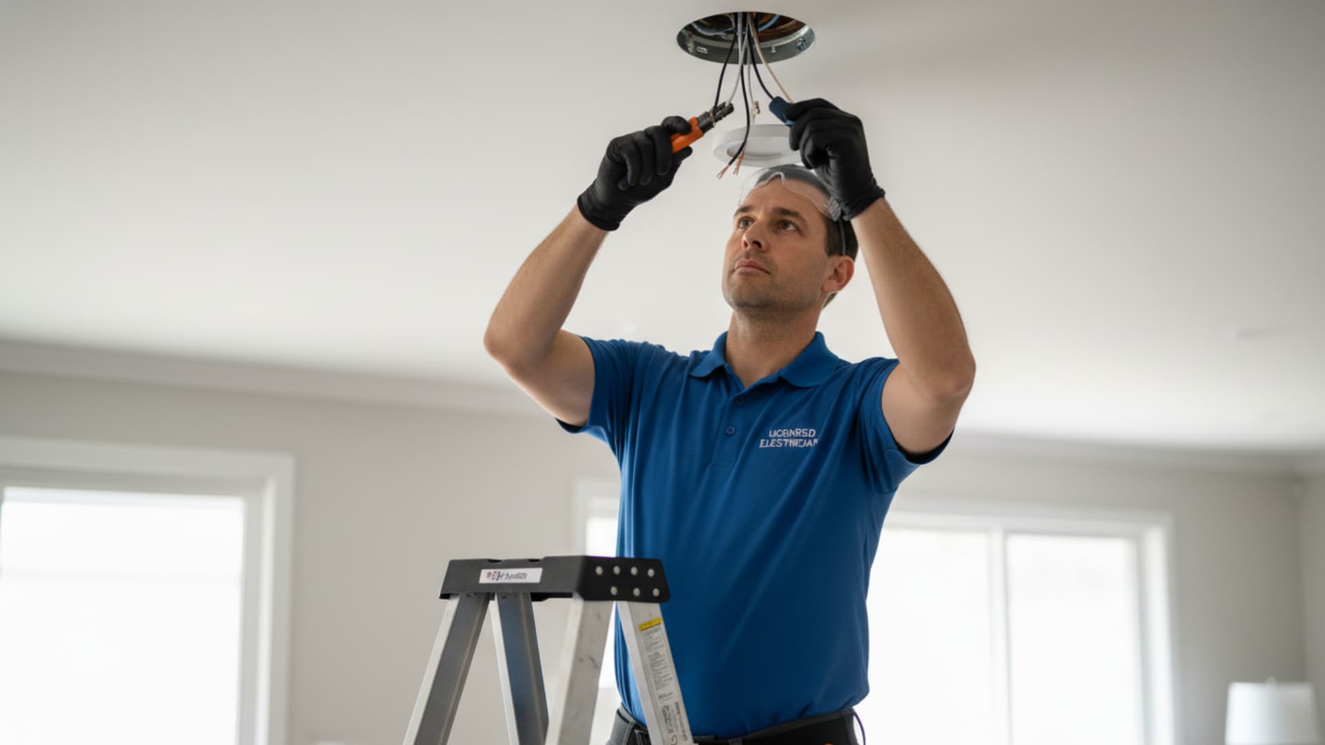 Electrician standing on a ladder installing or repairing ceiling wiring with tools in a bright room