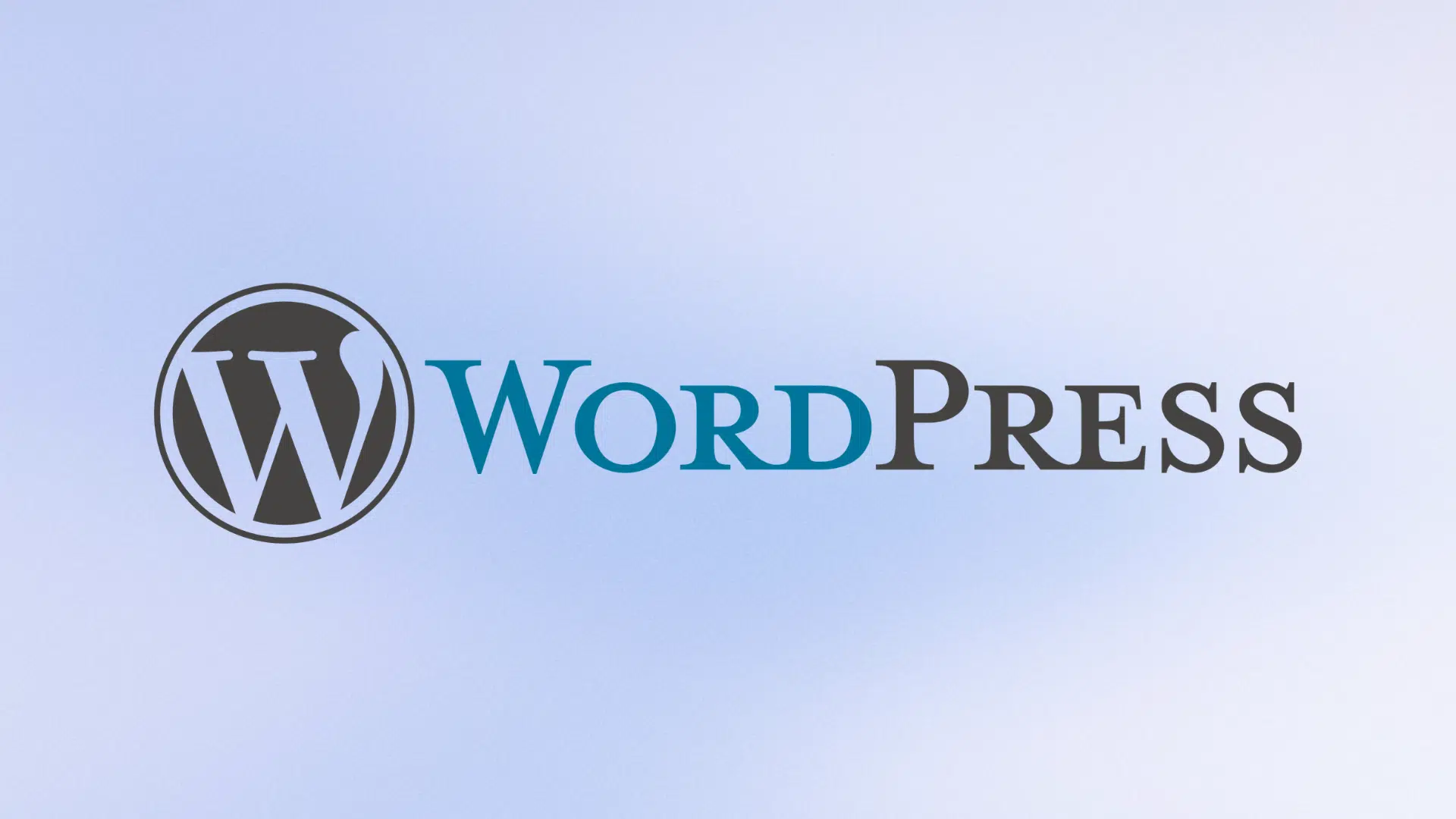 WordPress logo with “W” in dark circle next to blue and gray text on a light blue gradient background