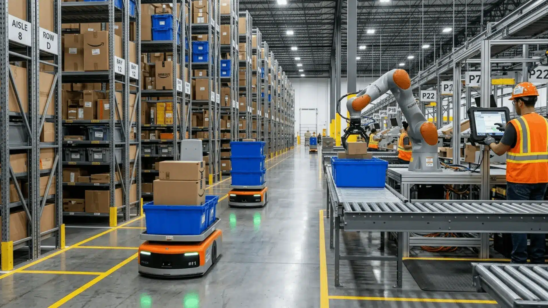 autonomous mobile robots and robotic arm operating alongside workers on a busy modern warehouse floor