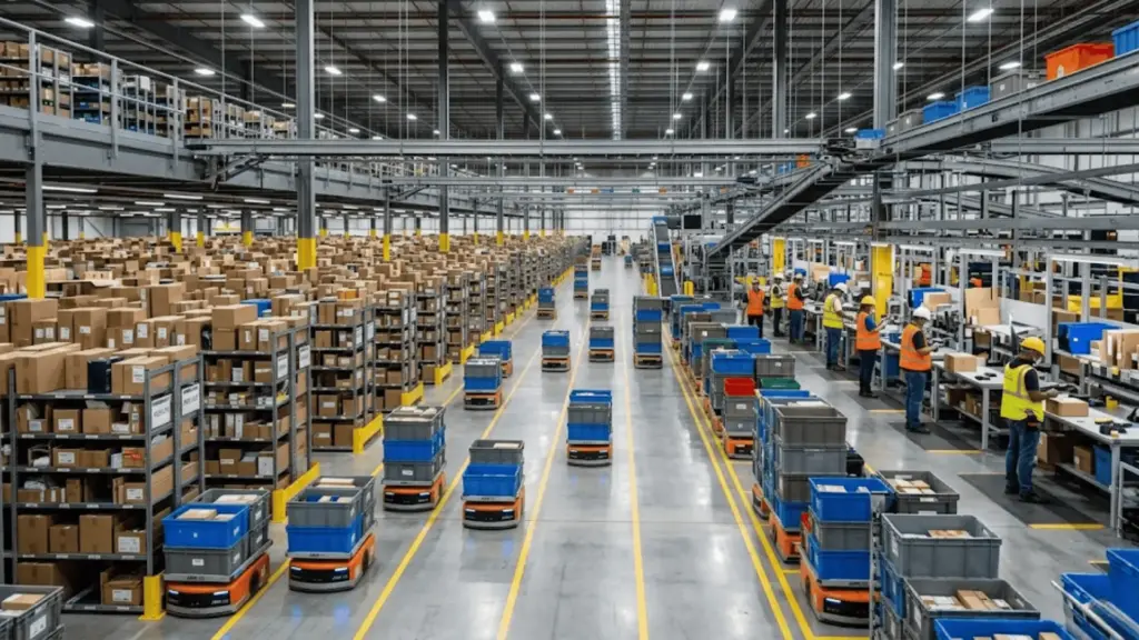 autonomous mobile robots navigating conveyor-lined aisles in a fully operational modern warehouse