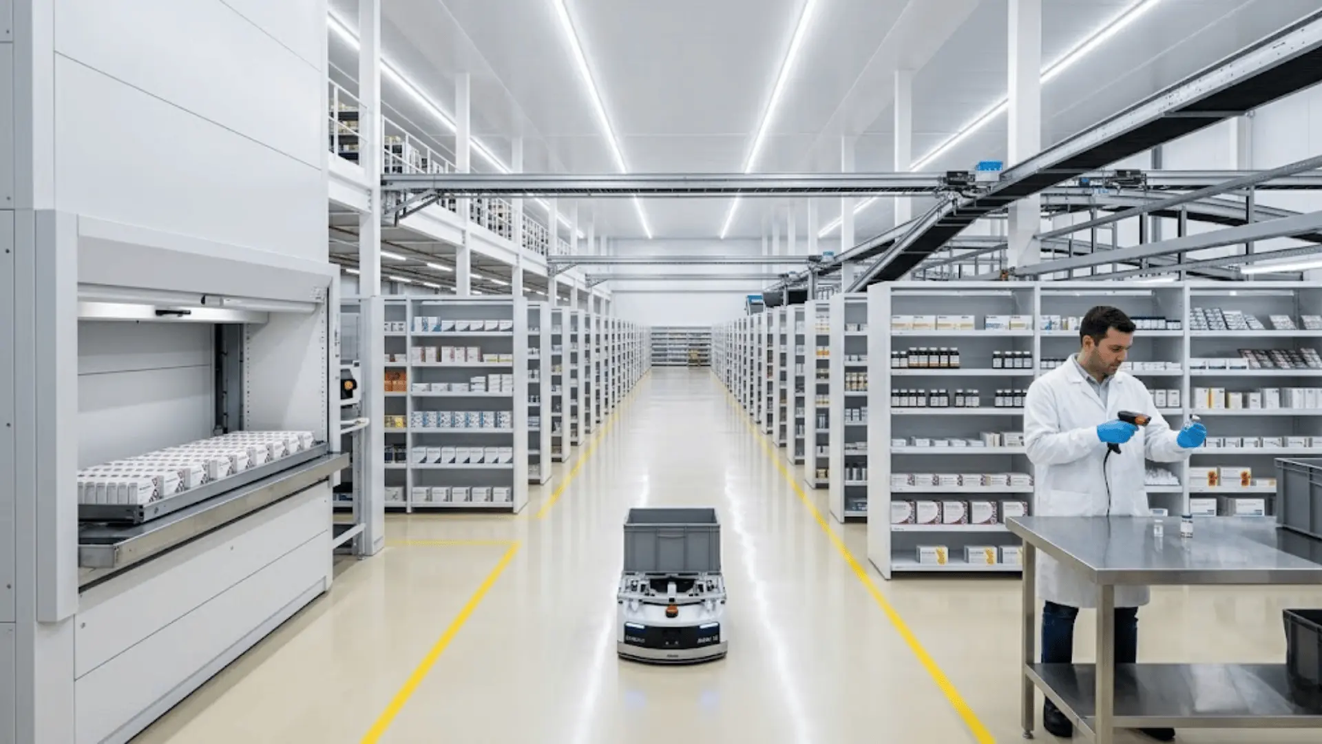 autonomous robot and worker operating inside a clean, fully automated pharmaceutical warehouse with vertical storage units