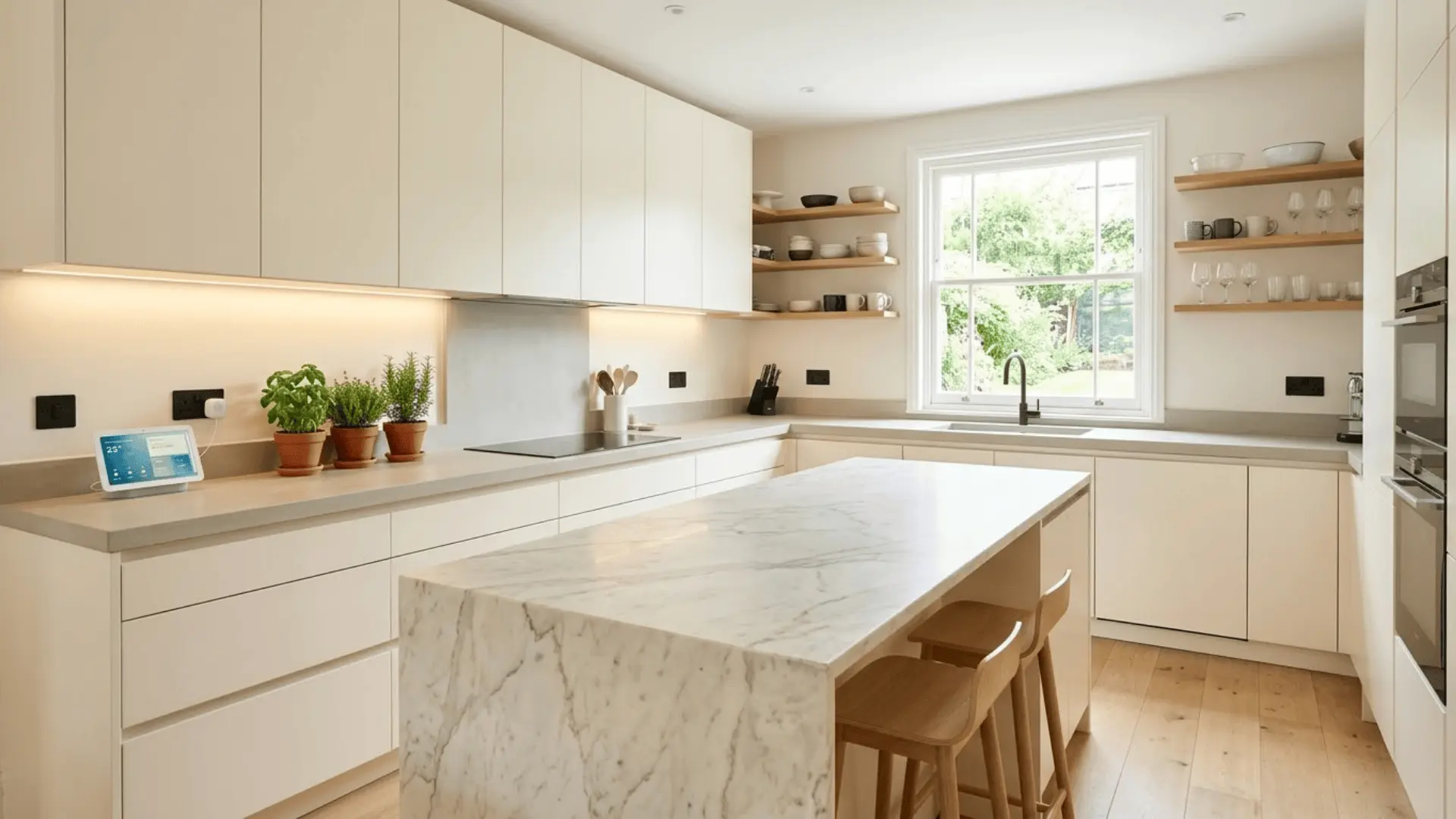 bright kitchen with under-cabinet led strips, calacatta marble island, and smart display near backsplash