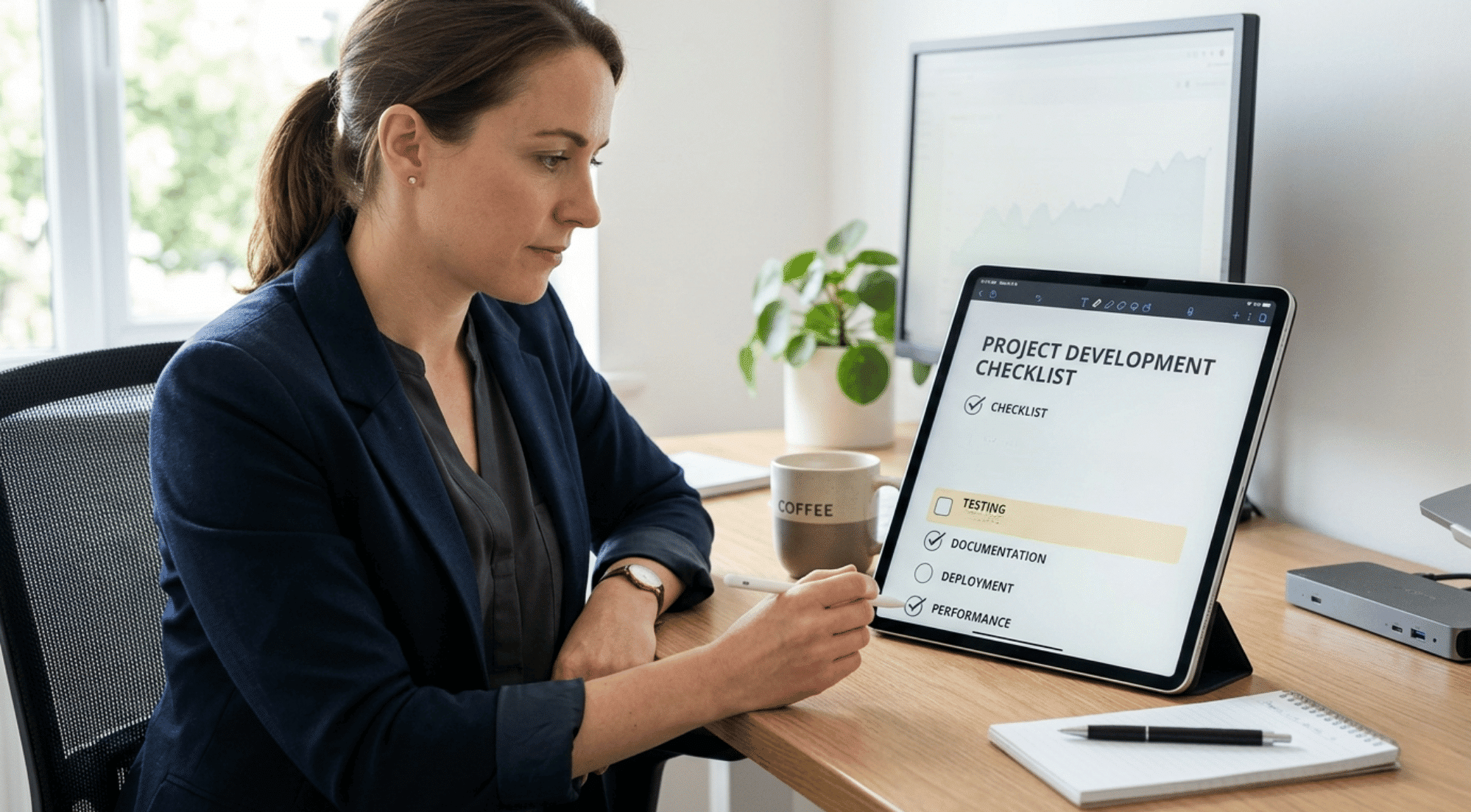 Businesswoman reviewing project checklist on tablet at desk in modern office