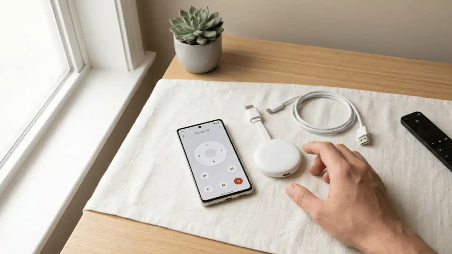 chromecast device unplugged beside smartphone showing google tv app on clean desk in natural light