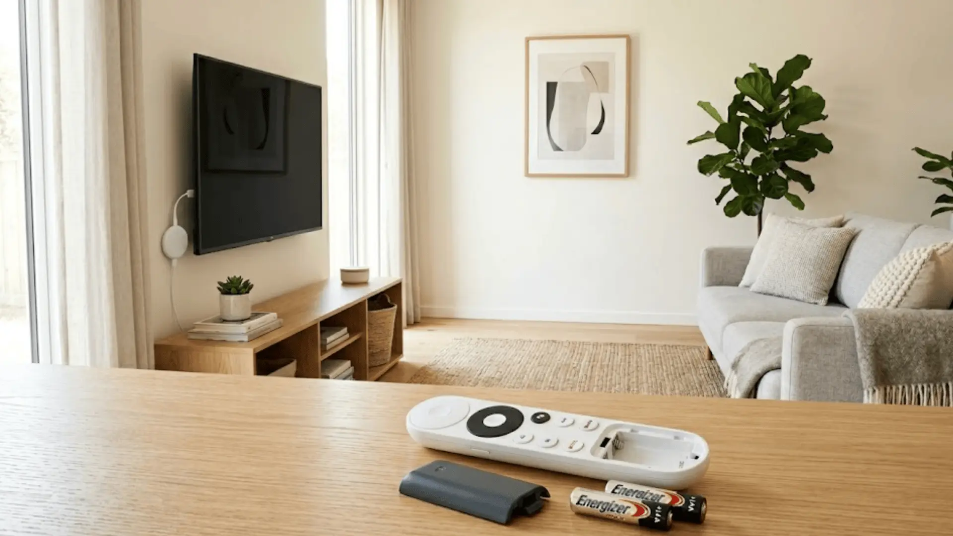 chromecast remote with batteries on wooden surface in modern living room with natural light