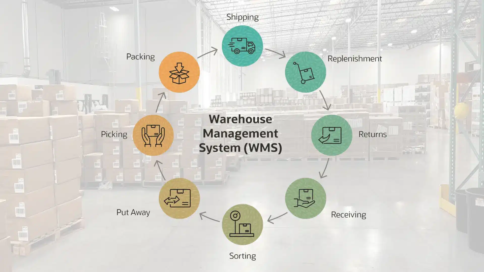 circular flow diagram of warehouse management system showing shipping, receiving, sorting, picking, packing, and returns