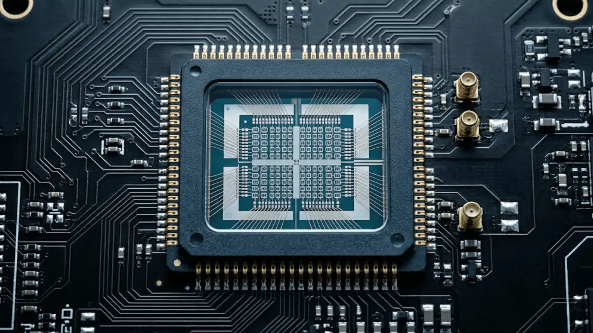 close-up of a quantum processor chip with gold connectors and teal circuitry on a matte black board