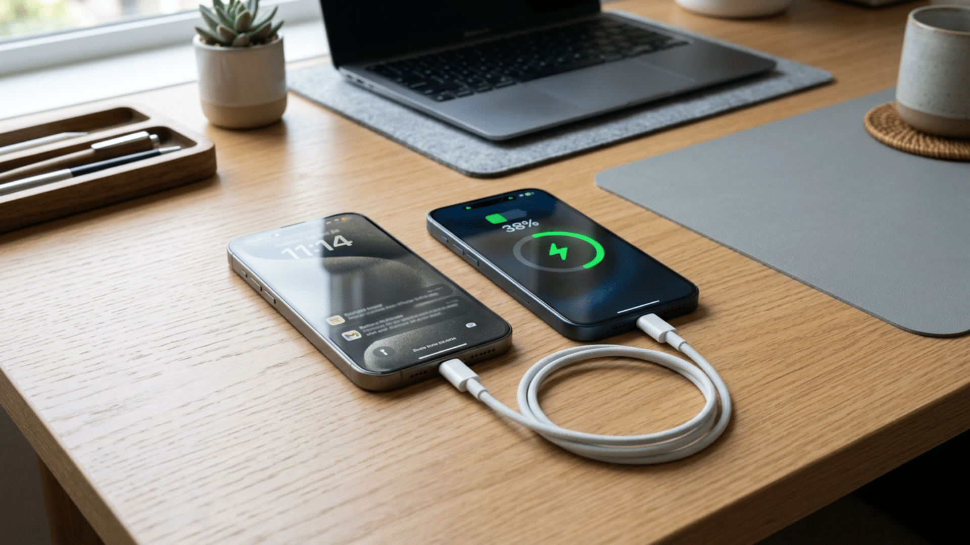 Close-up view of an iPhone USB-C port with cable connected for charging and power transfer