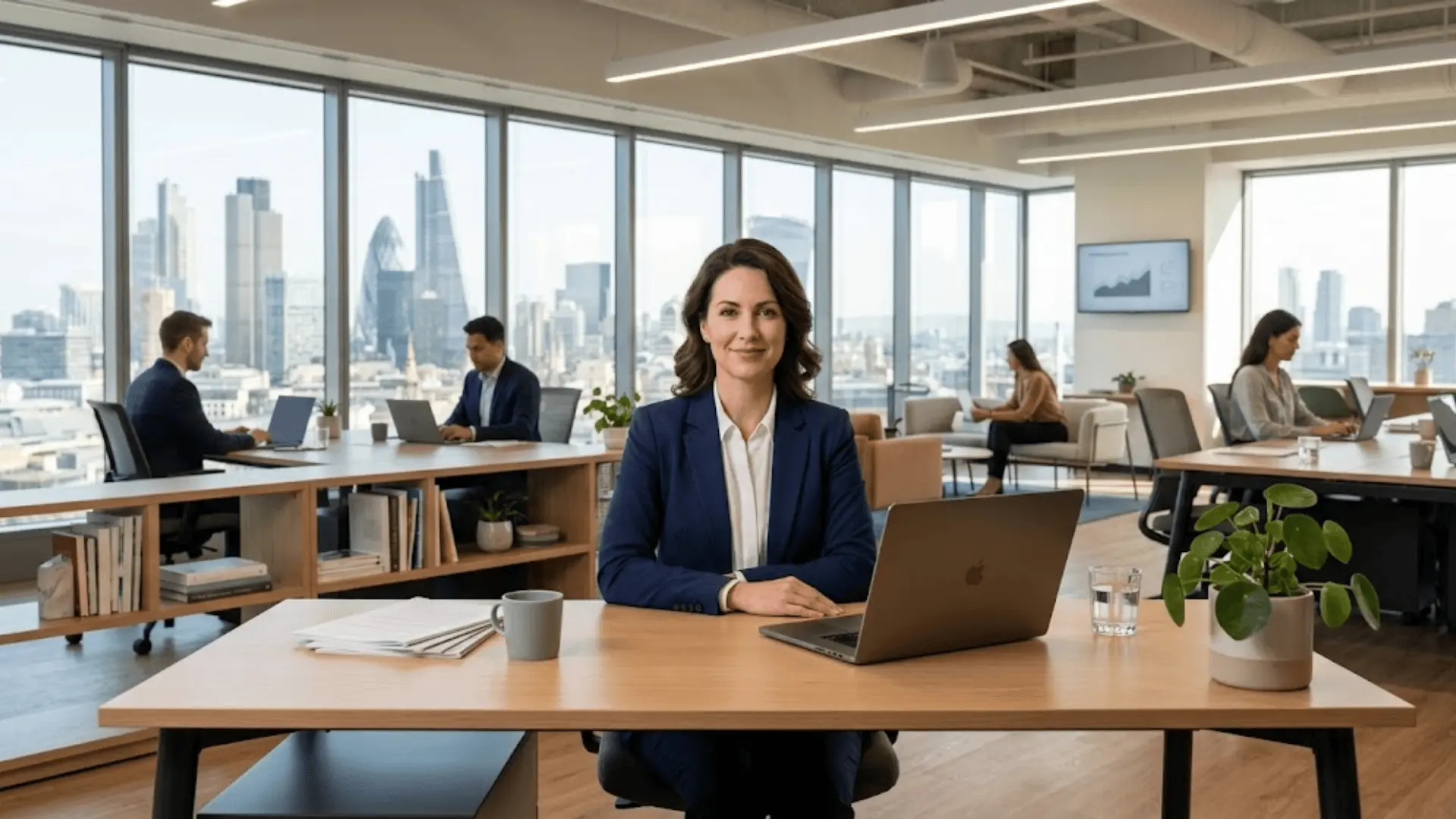 confident professional seated at a minimalist desk with laptop in a sunlit open plan office overlooking a city skyline