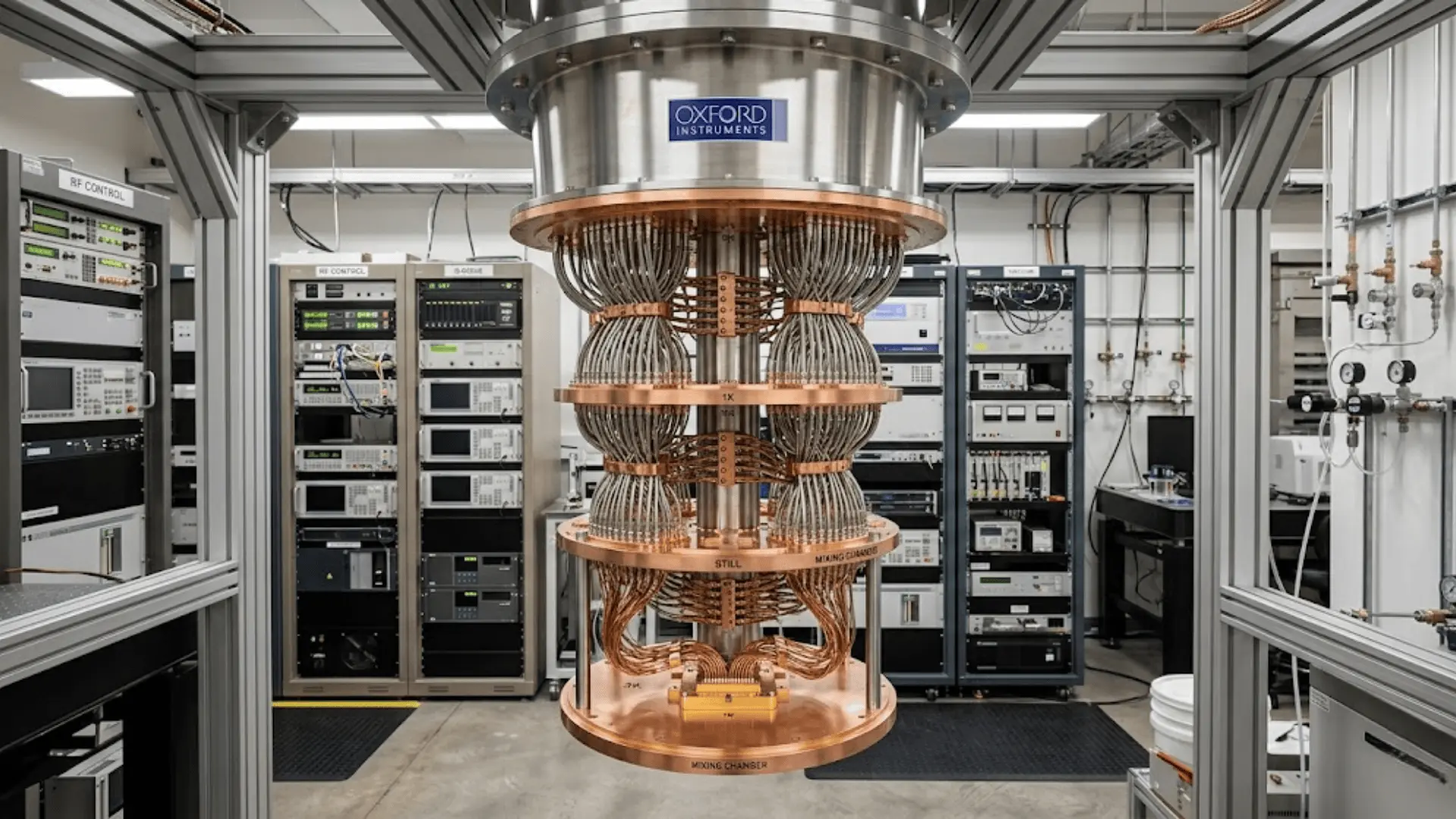 dilution refrigerator with copper and steel cooling stages inside a quantum computing laboratory