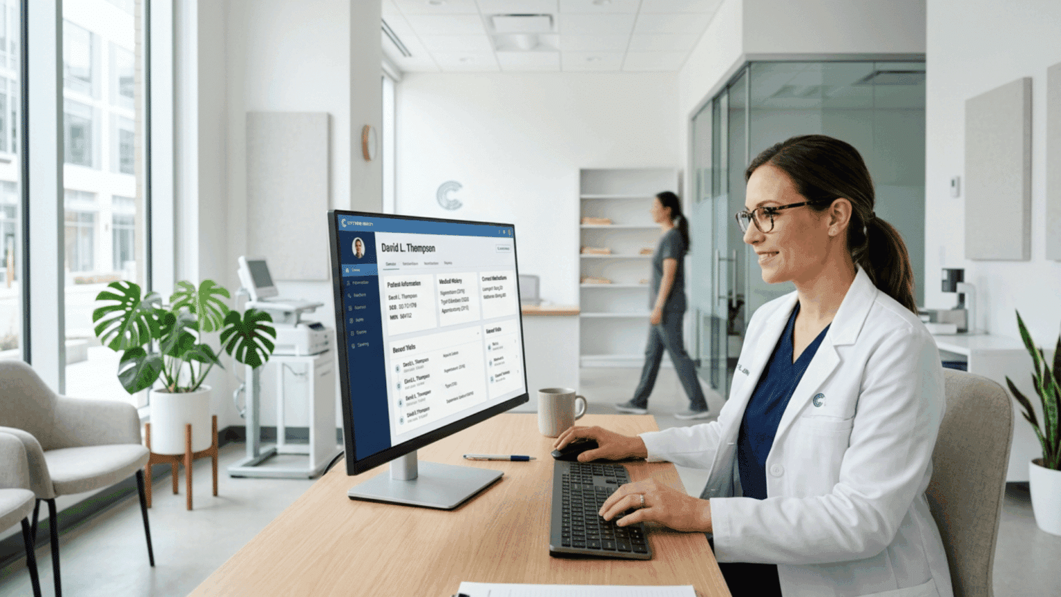Doctor using digital EHR system to view patient medical records on computer.