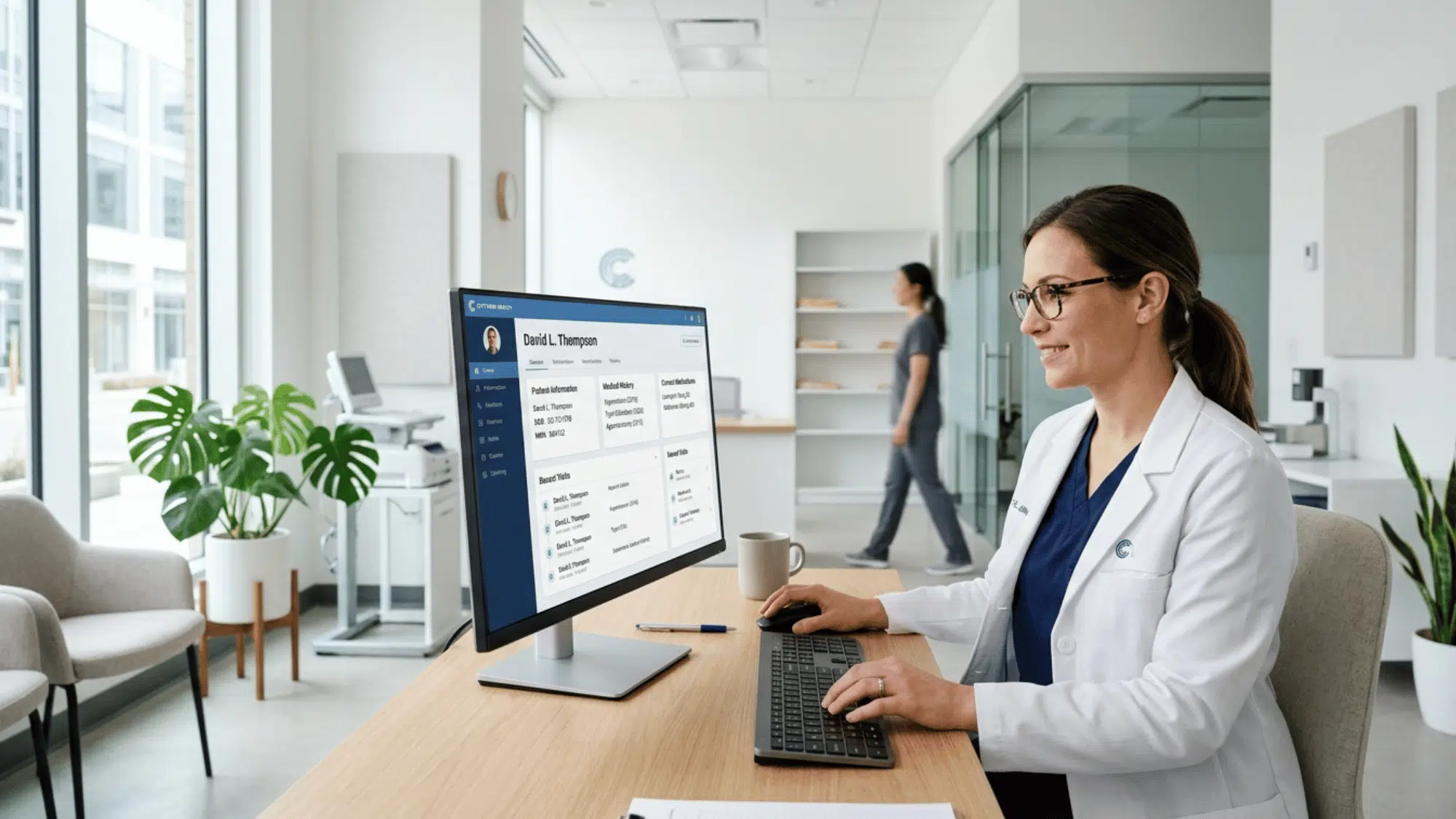 Doctor using digital EHR system to view patient medical records on computer.