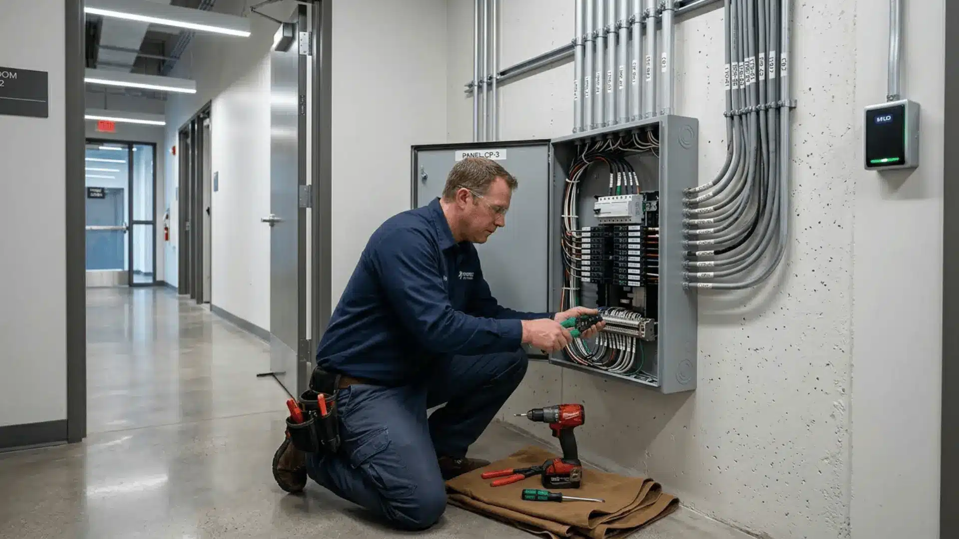 electrician installing access control panel with wiring tools in a modern commercial building