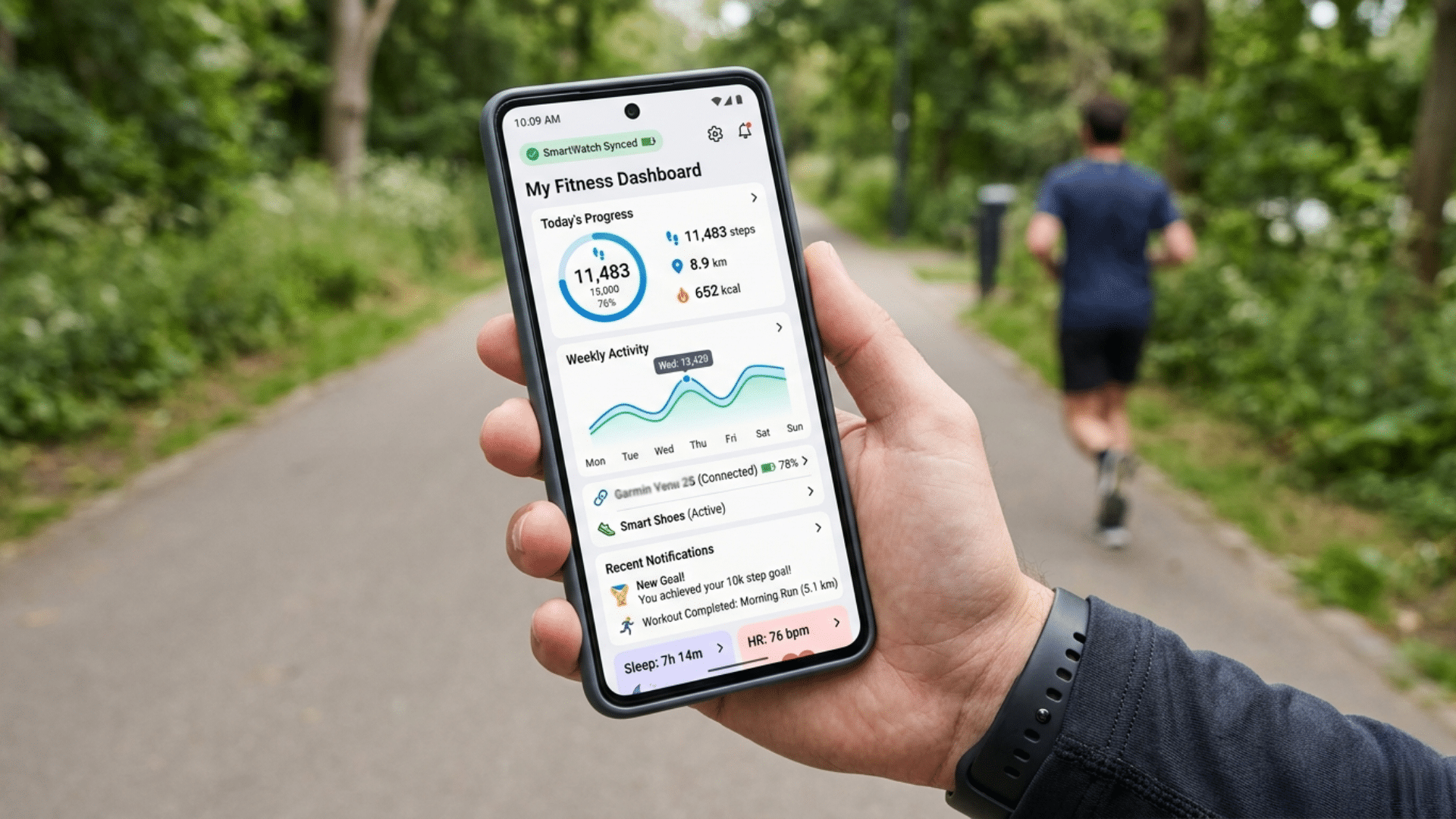 Fitness app dashboard showing progress charts, notifications, and wearable device integration