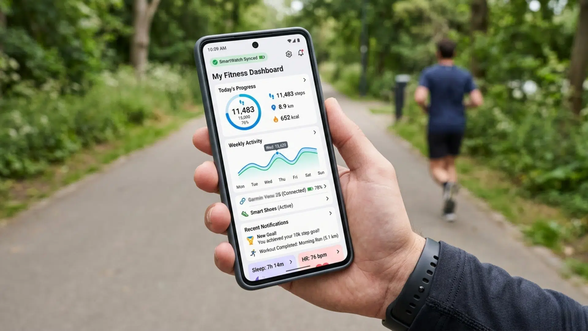 Fitness app dashboard showing progress charts, notifications, and wearable device integration