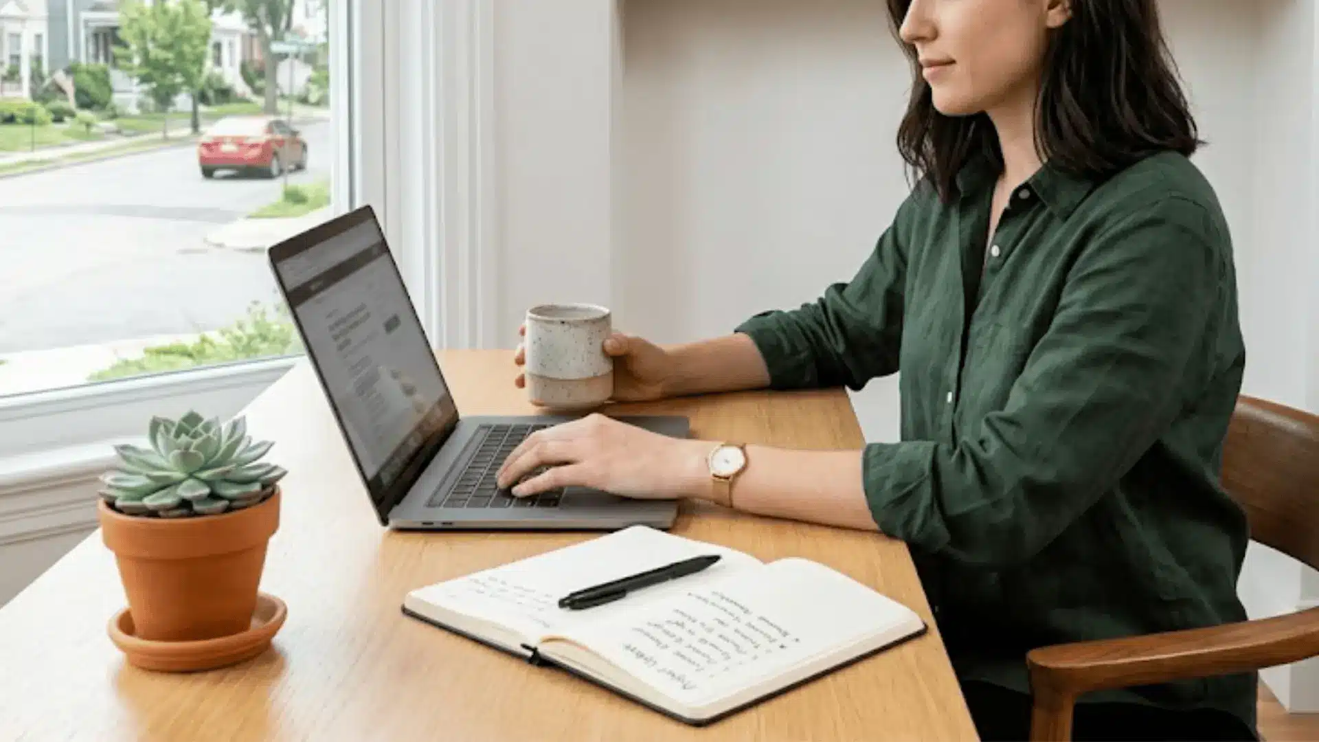 focused person working on laptop at a clean oak desk in a bright home office with natural daylight and open notebook
