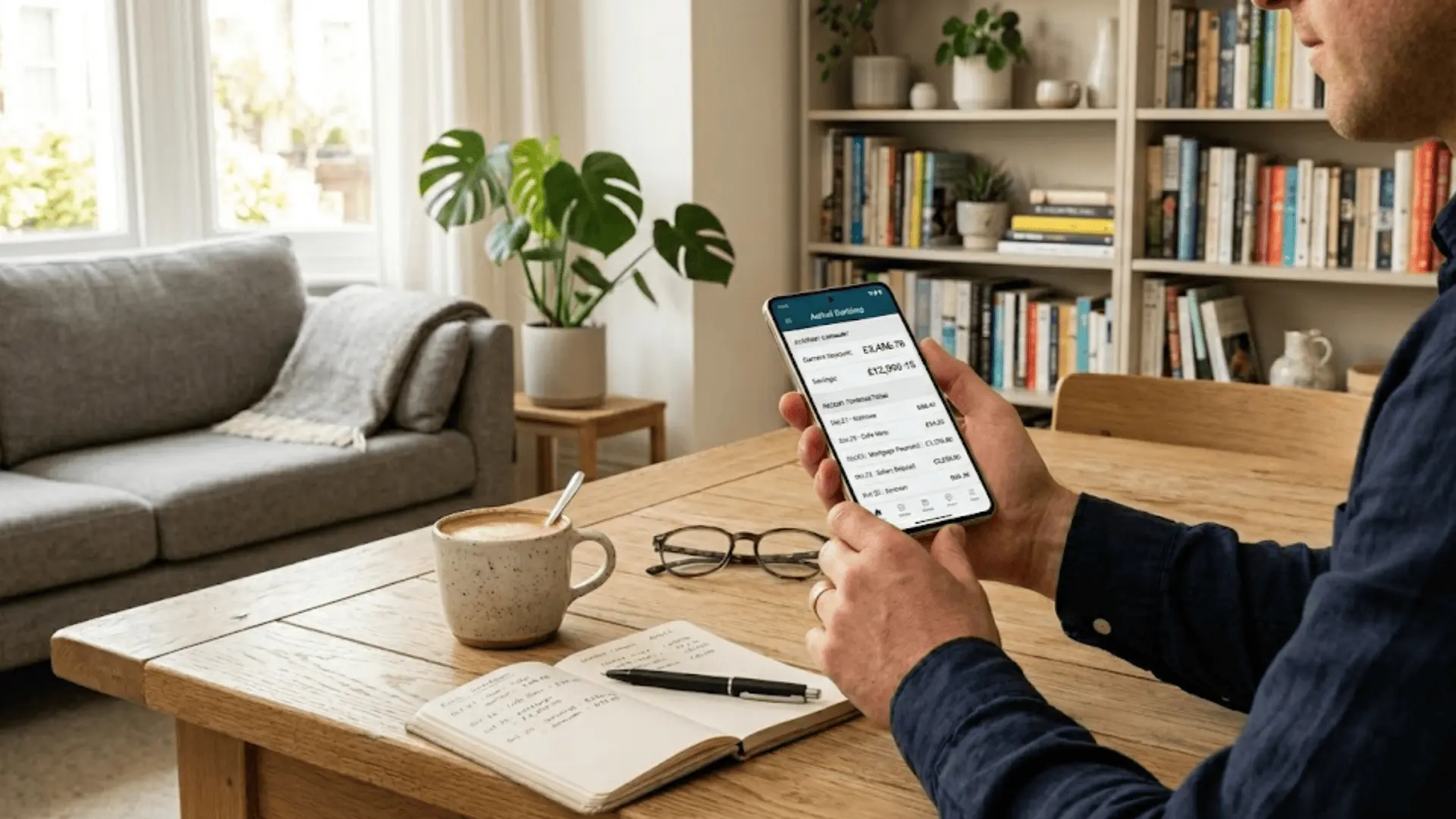 hands holding smartphone with banking app on oak table with coffee mug and notebook in a bright home interior
