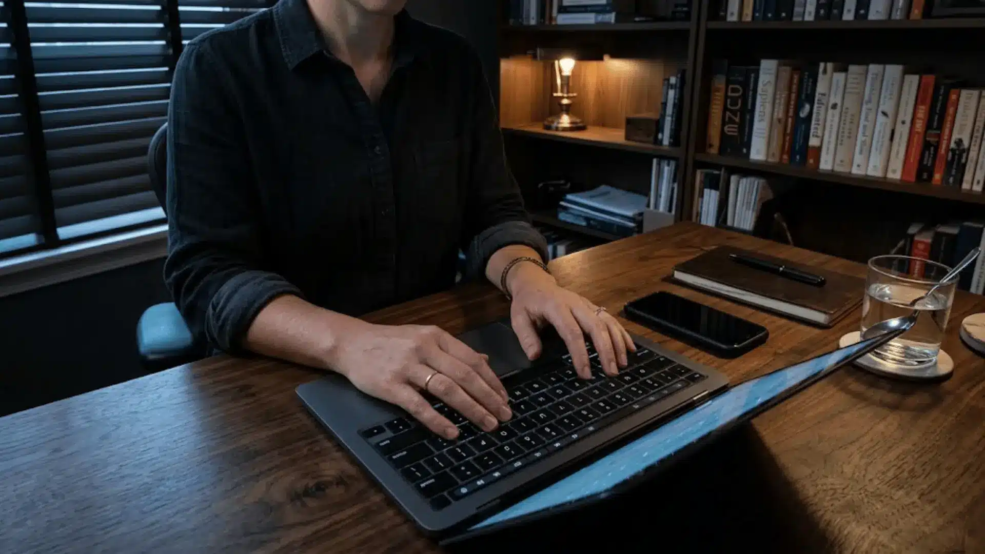 hands typing on laptop at a dark walnut desk in a dimly lit home office with warm lamp light and closed blinds