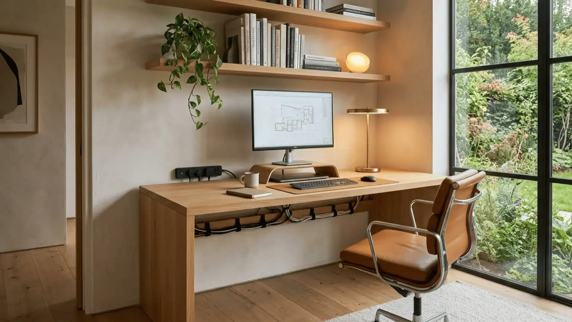 home office with oak desk, smart desk lamp, cognac leather chair, and natural window light