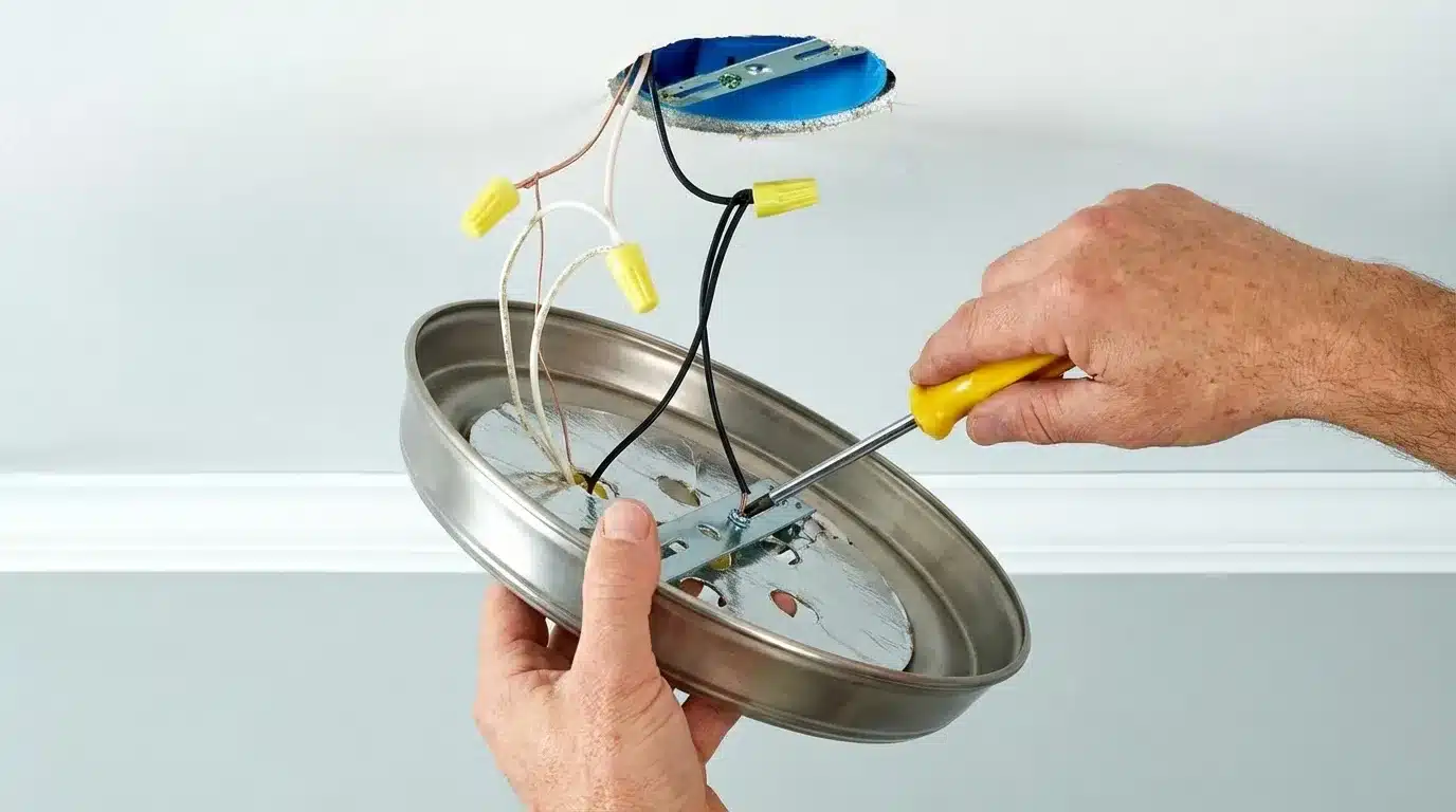 Close-up of hands using a screwdriver to install or replace a ceiling light fixture with exposed wiring and connectors