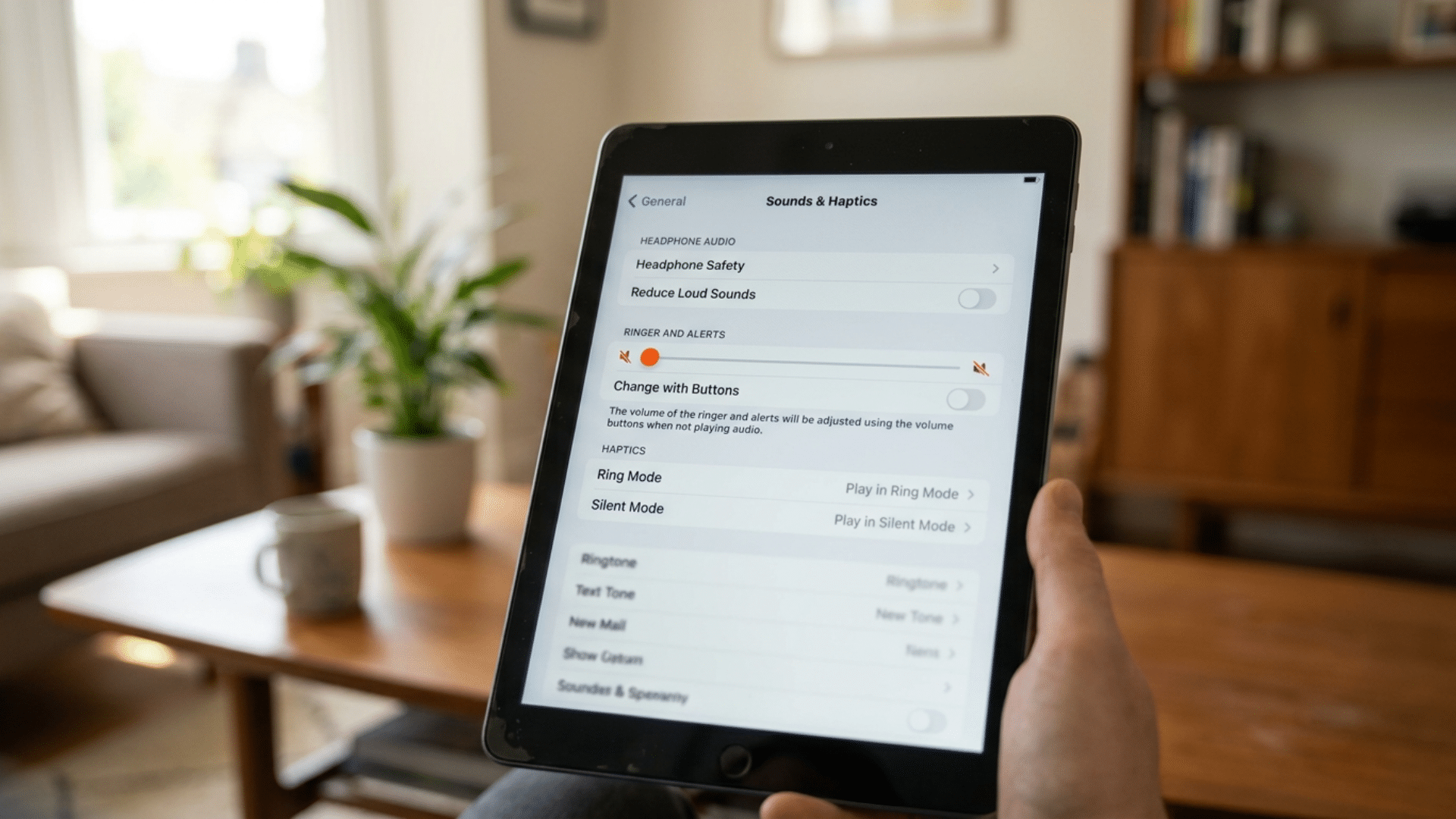 iPad Sounds and Haptics settings showing ringer and alerts slider turned all the way down