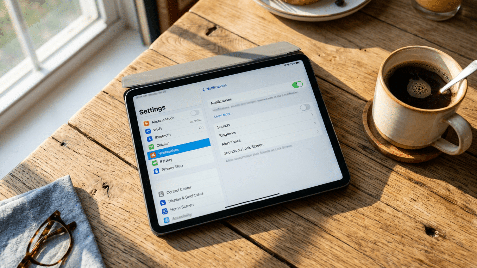 iPad notification settings screen with app sound toggle turned off to stop alerts from ringing