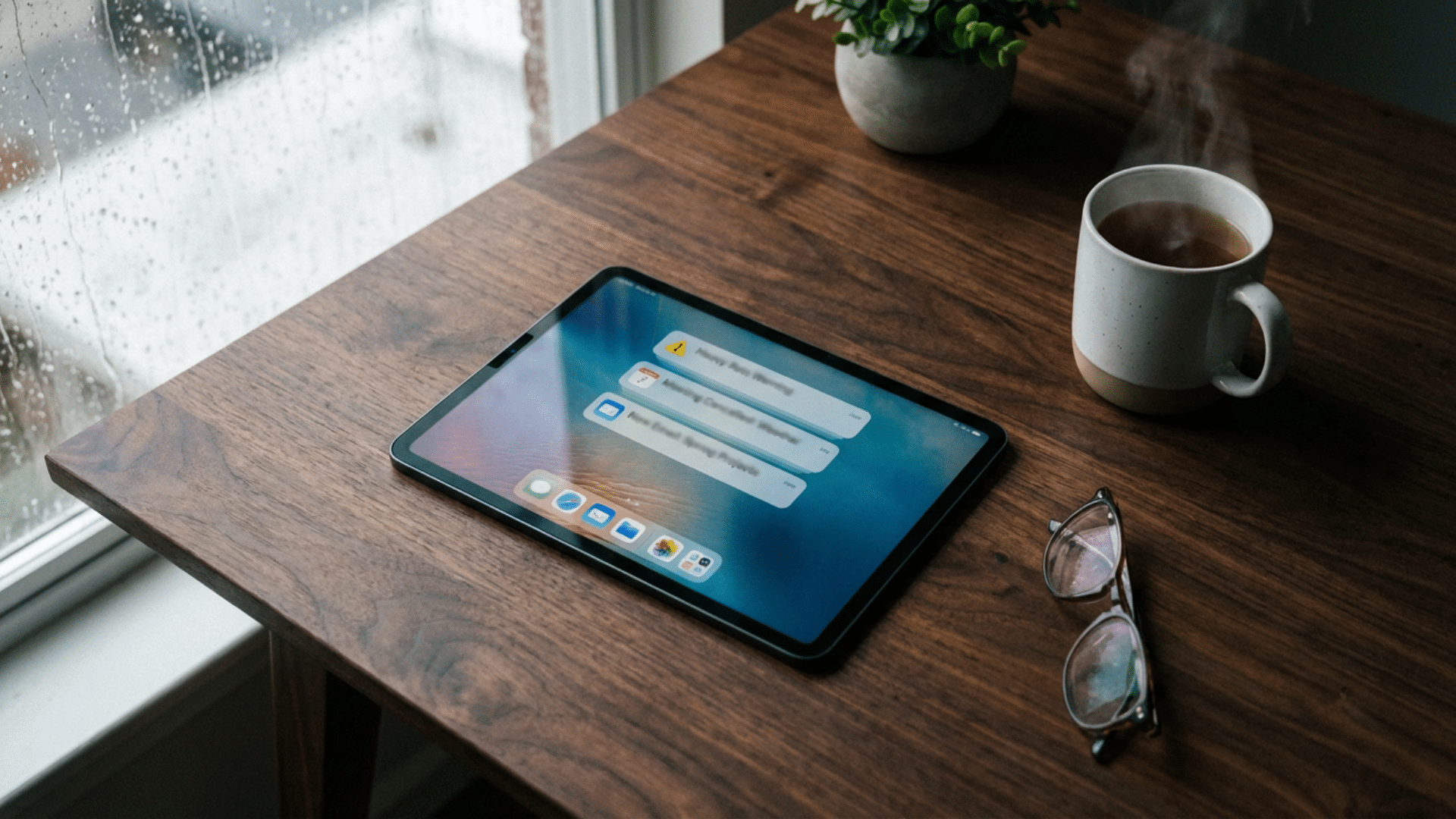 iPad on desk displaying multiple notifications on screen in a clean and quiet workspace setup