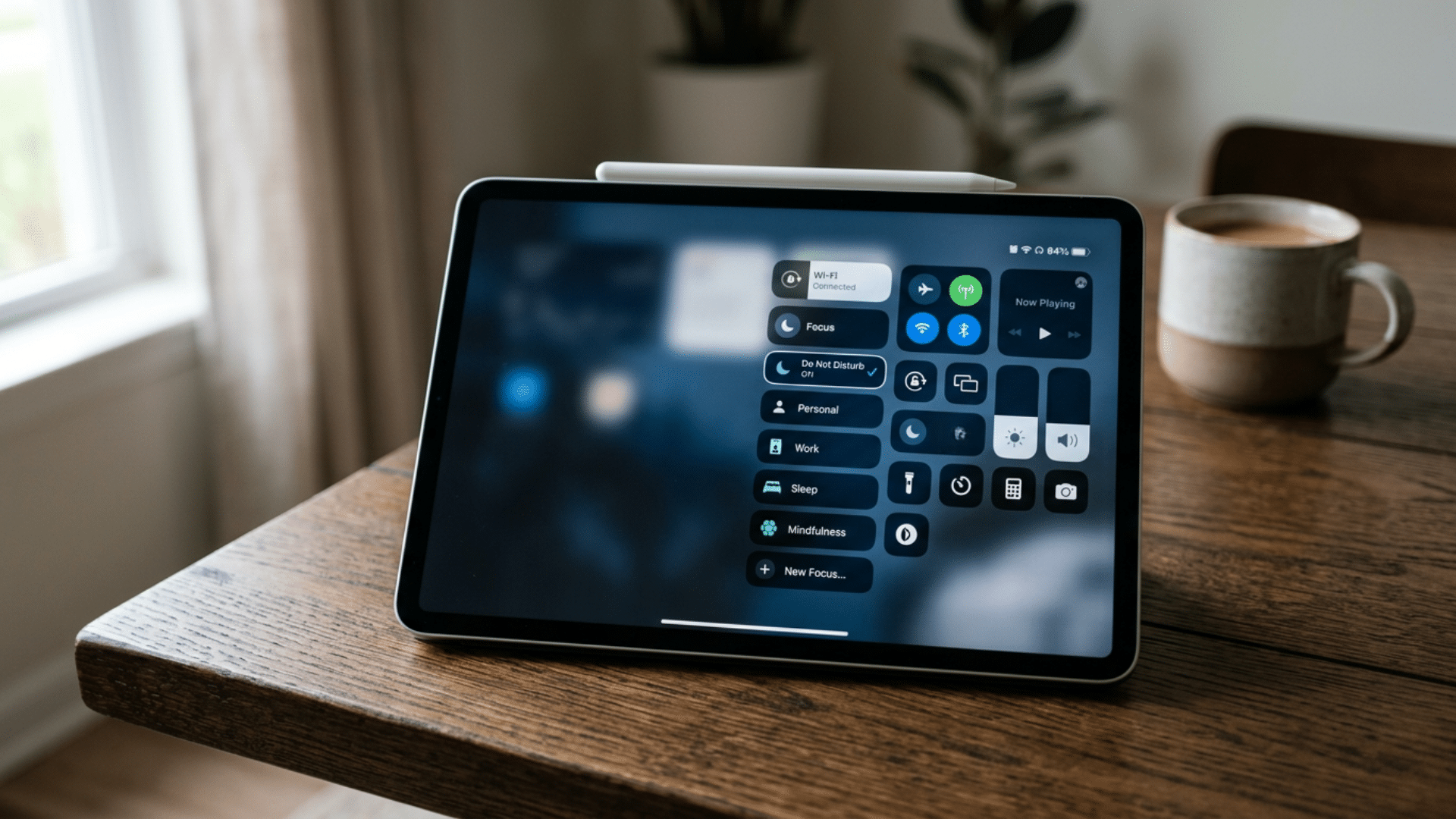 iPad screen showing Focus mode with Do Not Disturb enabled to block calls and alerts