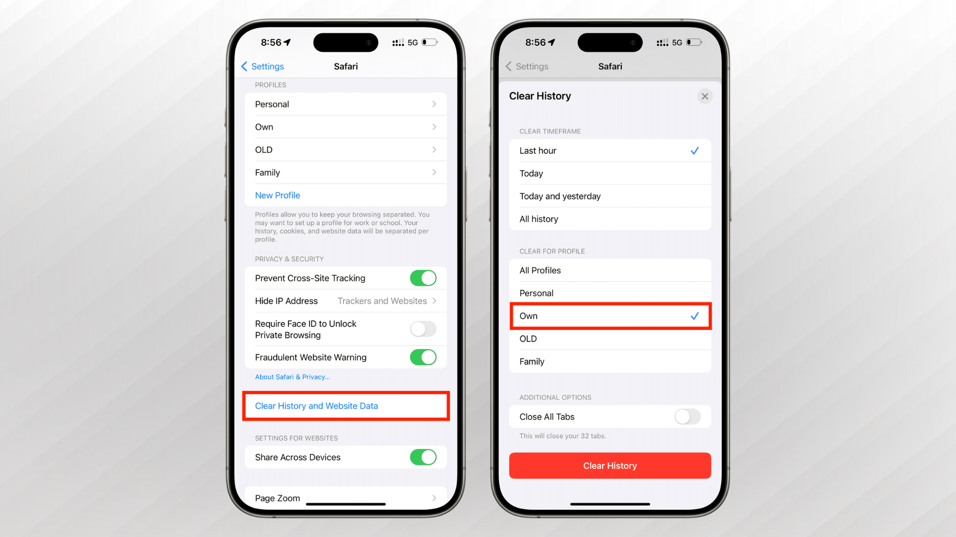 iPhone settings screen showing Safari option to clear history and website data step by step